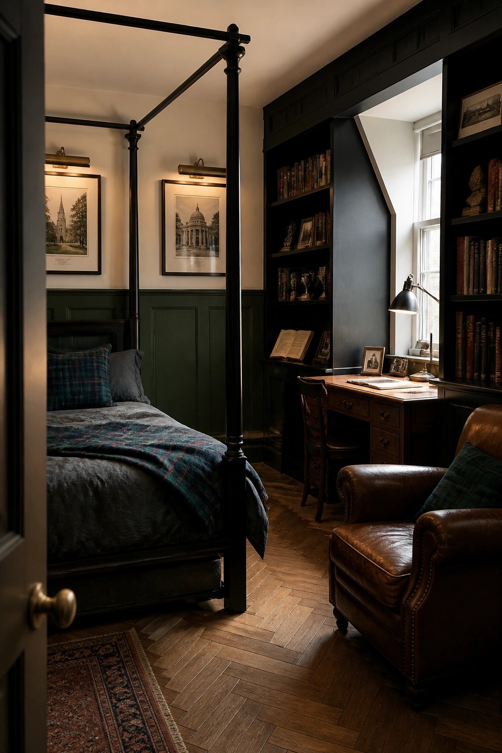 Traditional bedroom with four-poster bed, bookshelves, desk, and leather armchair