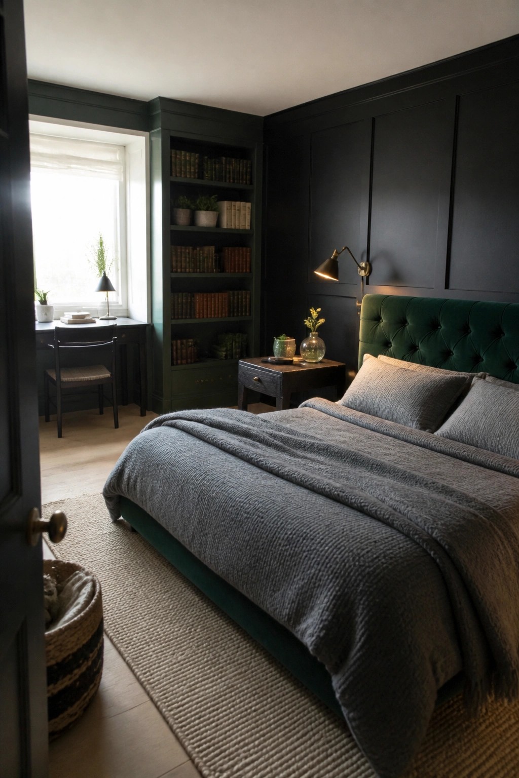 A bedroom featuring dark green walls with built-in bookshelves, black paneling, a green velvet bed with gray bedding, and a desk area by the window.