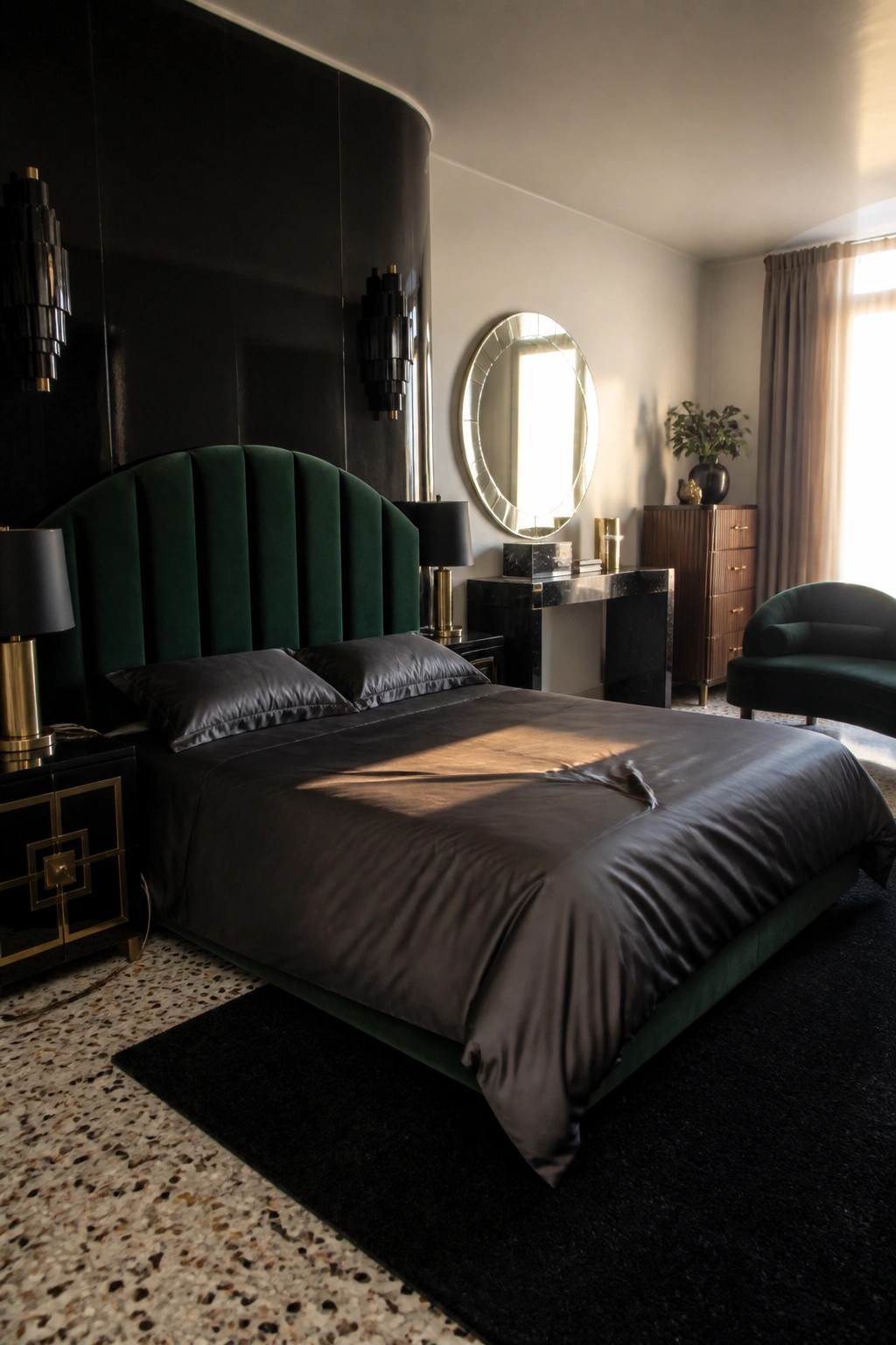 A bedroom with a large bed against black walls, featuring a curved green velvet headboard, black bedding, black nightstands, and a round mirror above a dark console.