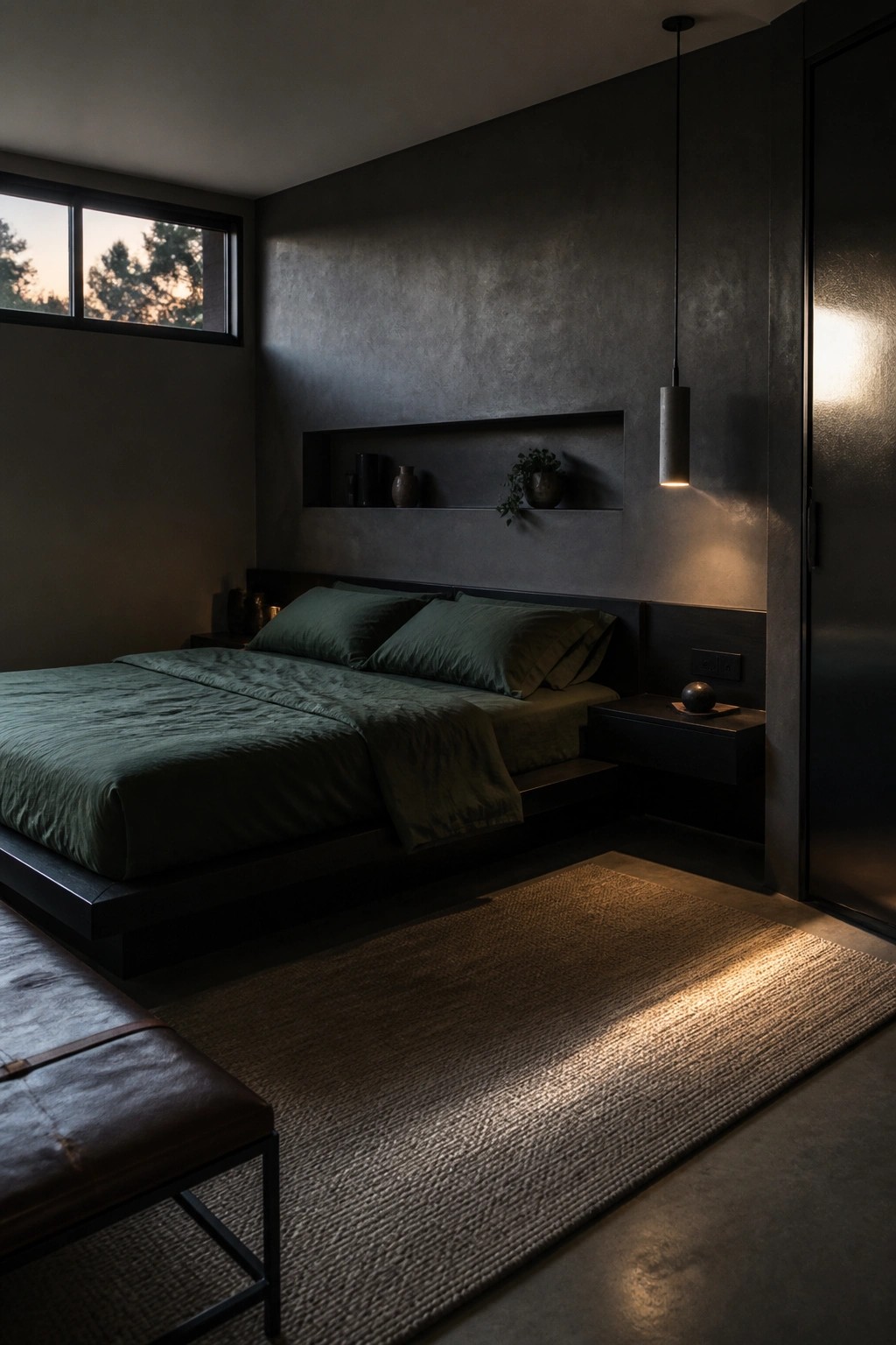 A bedroom with a low platform bed in deep green linens, dark walls, a recessed shelf above the headboard, and a large woven rug on the floor.