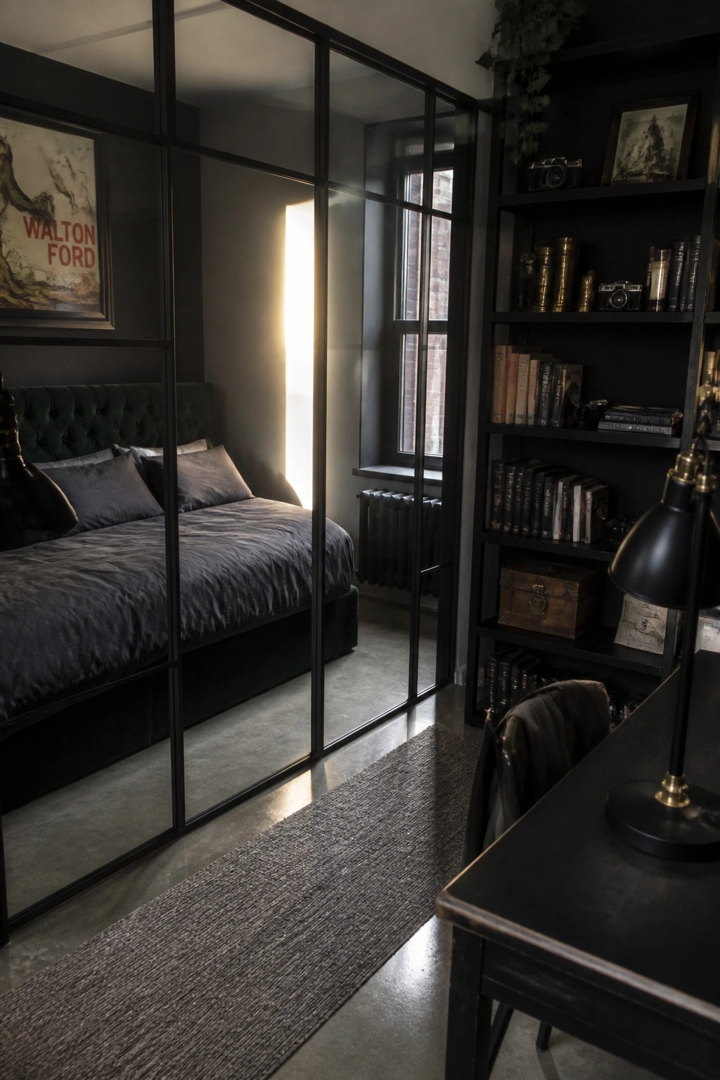 A dark bedroom featuring a green velvet bed, black-framed glass partition, and black built-in shelving with books and objects.