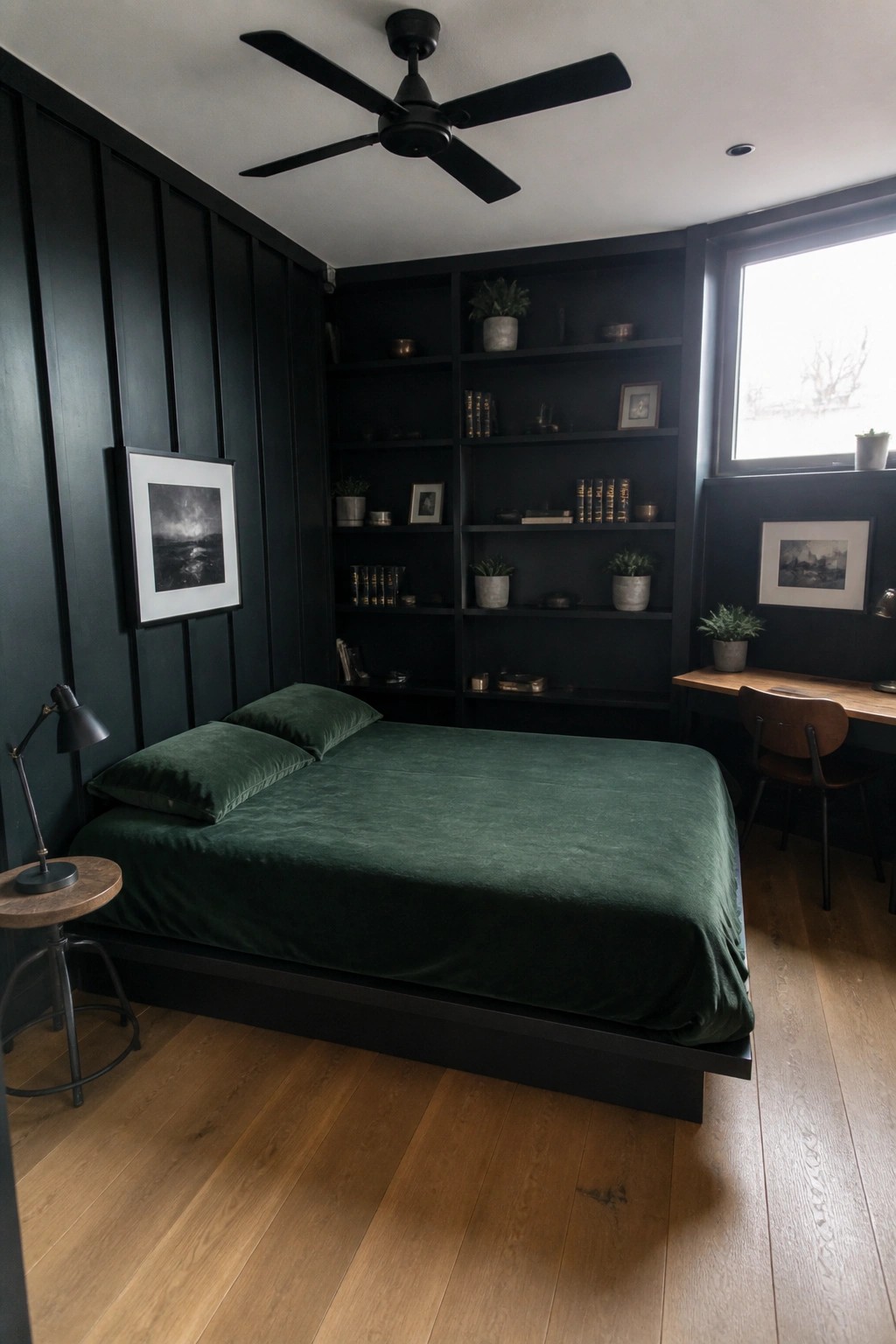 A bedroom featuring black walls with integrated black shelving, a bed covered in deep green bedding, light wood flooring, and a small desk area near the window.