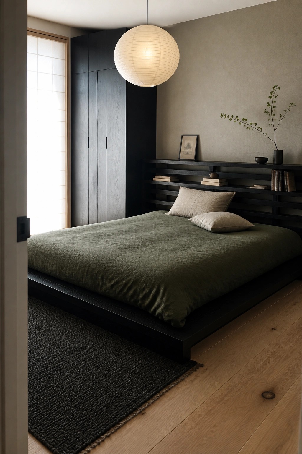 Dark platform bed with green bedding under spherical lantern in minimalist Japanese bedroom.