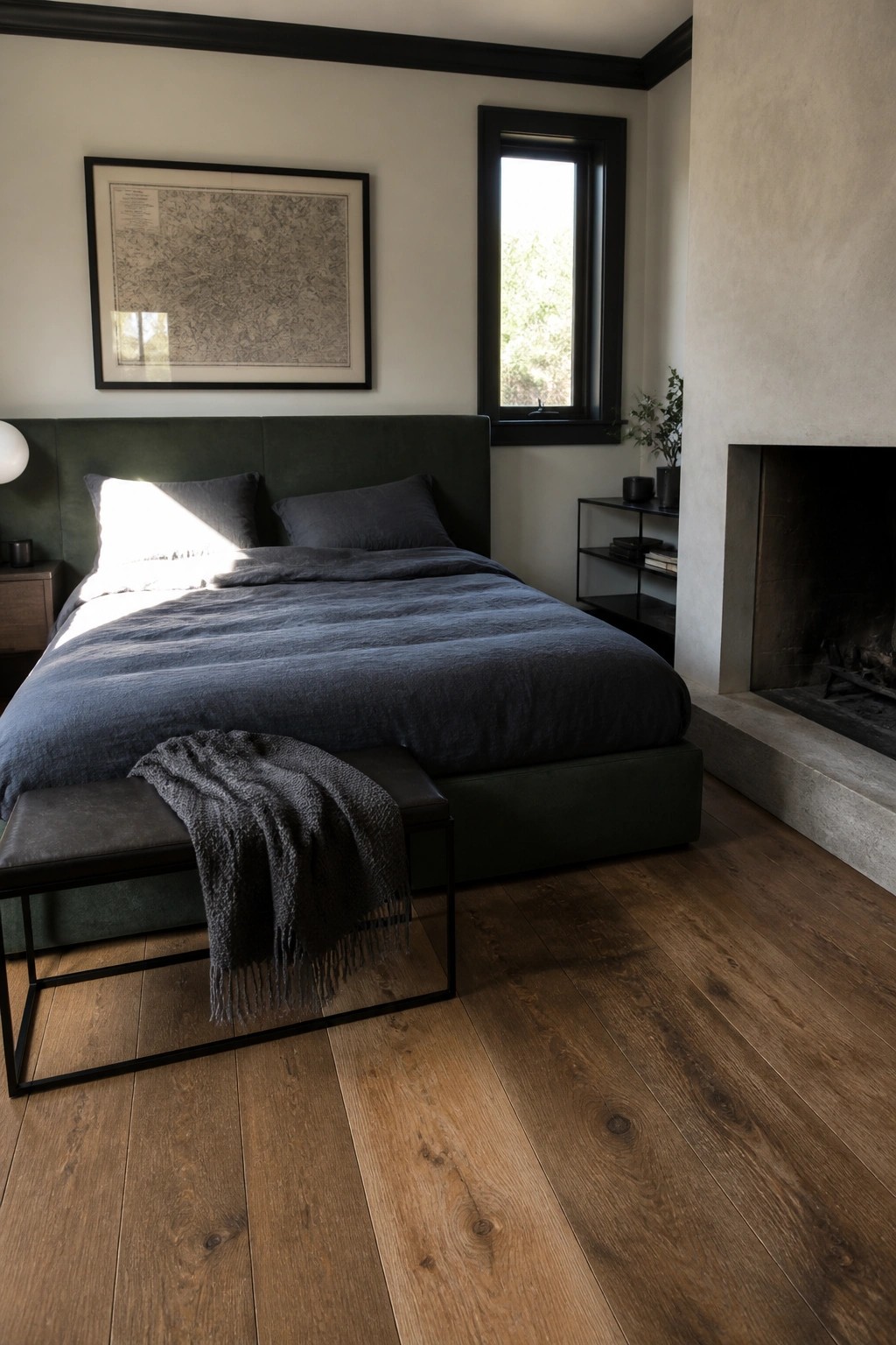 A bedroom featuring a dark green upholstered bed with dark bedding, a black-framed window above, a fireplace on the right, and a bench at the foot of the bed.
