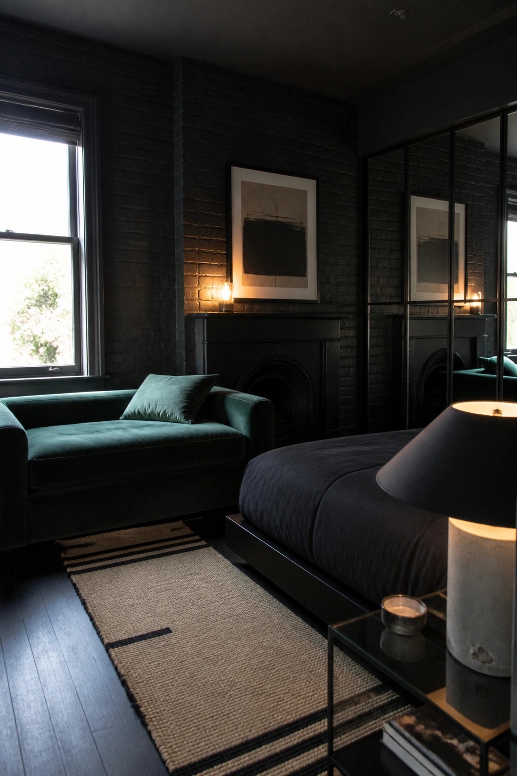 A dark bedroom with black brick walls, a green velvet chaise, a black platform bed, and a black fireplace with framed art above it.
