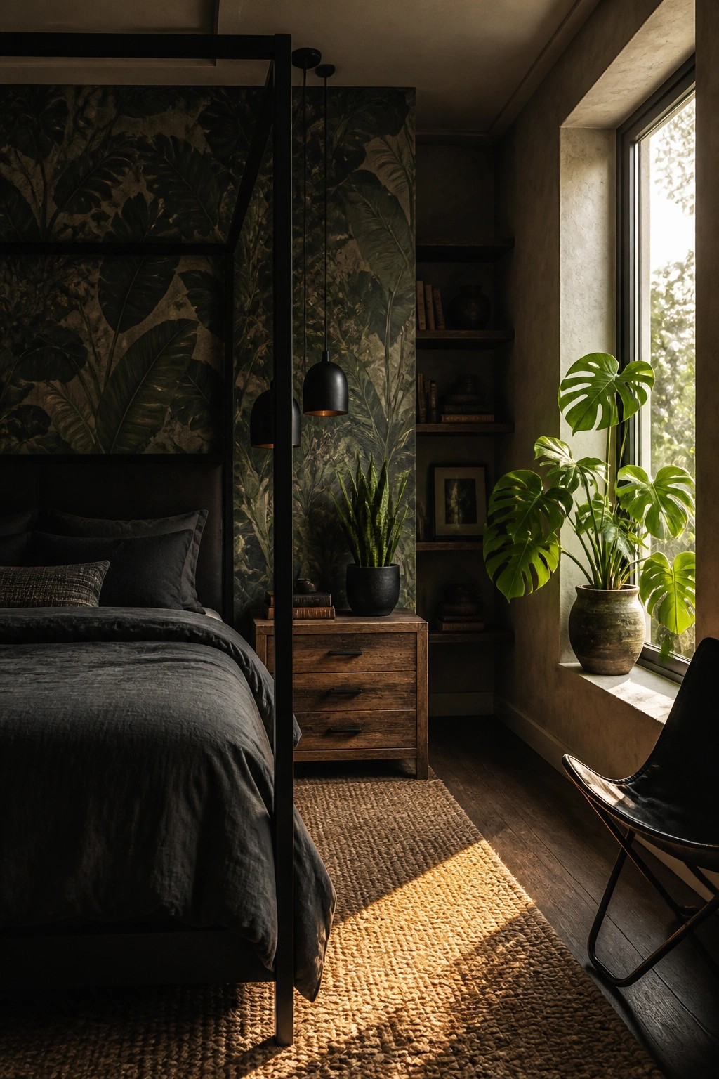 A bedroom with a black canopy bed, dark green leaf-patterned wallpaper, a wooden nightstand with drawers, potted plants, and sunlight coming through a window onto a woven rug.