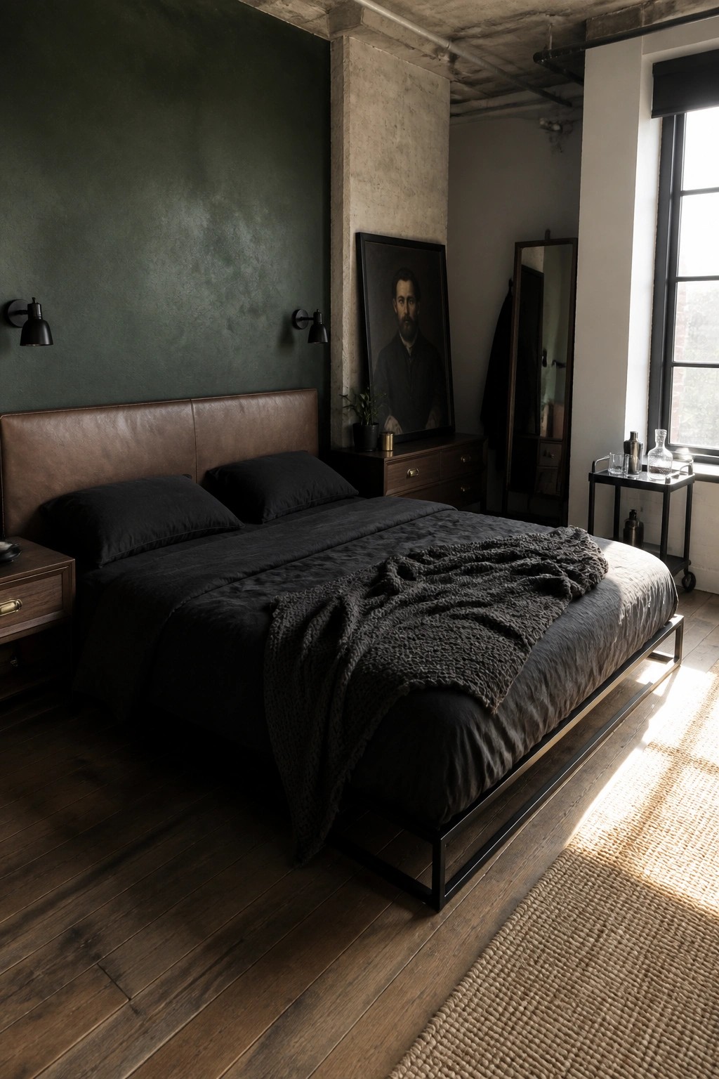 A bedroom with a deep green wall, black bedding on a bed with a brown leather headboard, a concrete pillar, and a large framed portrait.