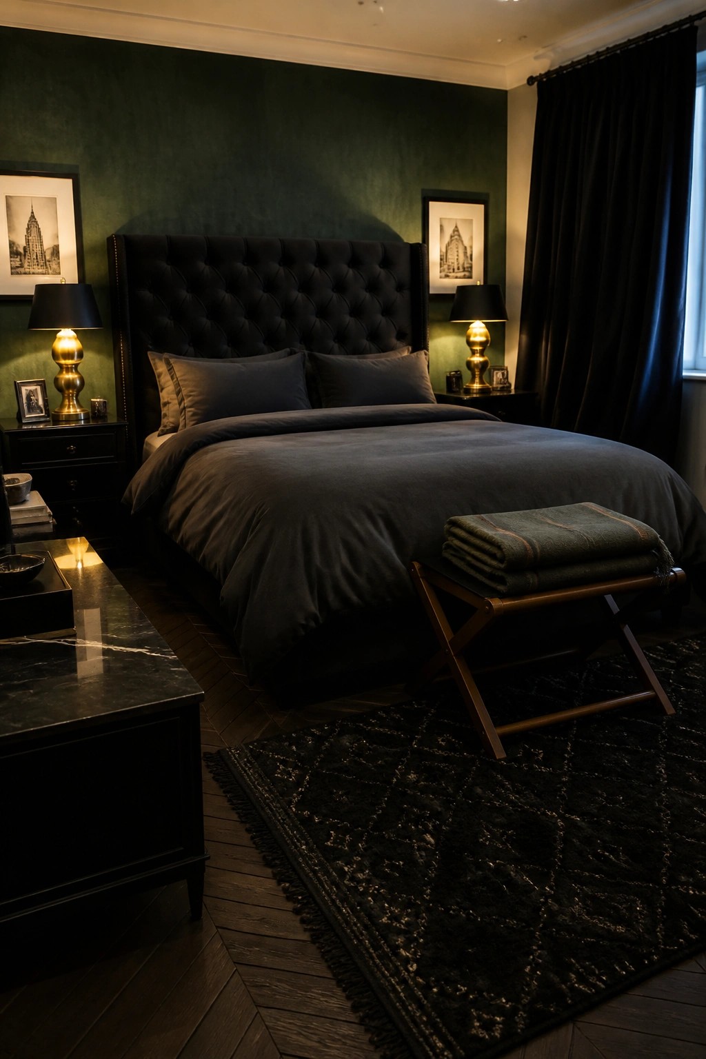 A bedroom with dark green walls, a large black tufted headboard bed with dark gray bedding, matching nightstands with gold lamps, and a black patterned rug on wood flooring.