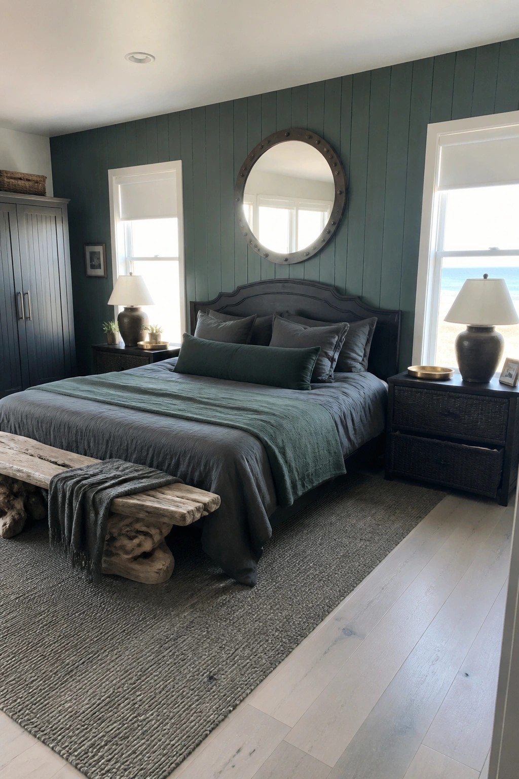 A bedroom interior featuring deep green vertical panel walls, a dark wooden bed with layered green and gray bedding, a round metal mirror centered above the headboard, and matching dark nightstands with lamps.