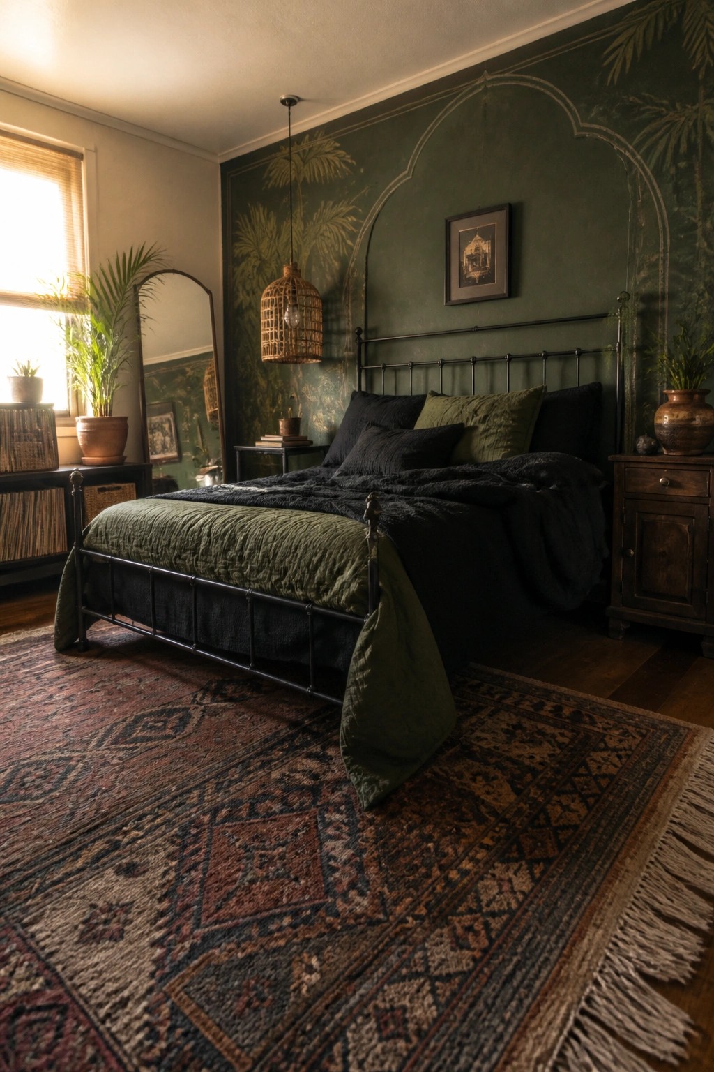A bedroom with deep green walls, a black metal bed frame, dark green and black bedding, a patterned rug, and wooden nightstands.