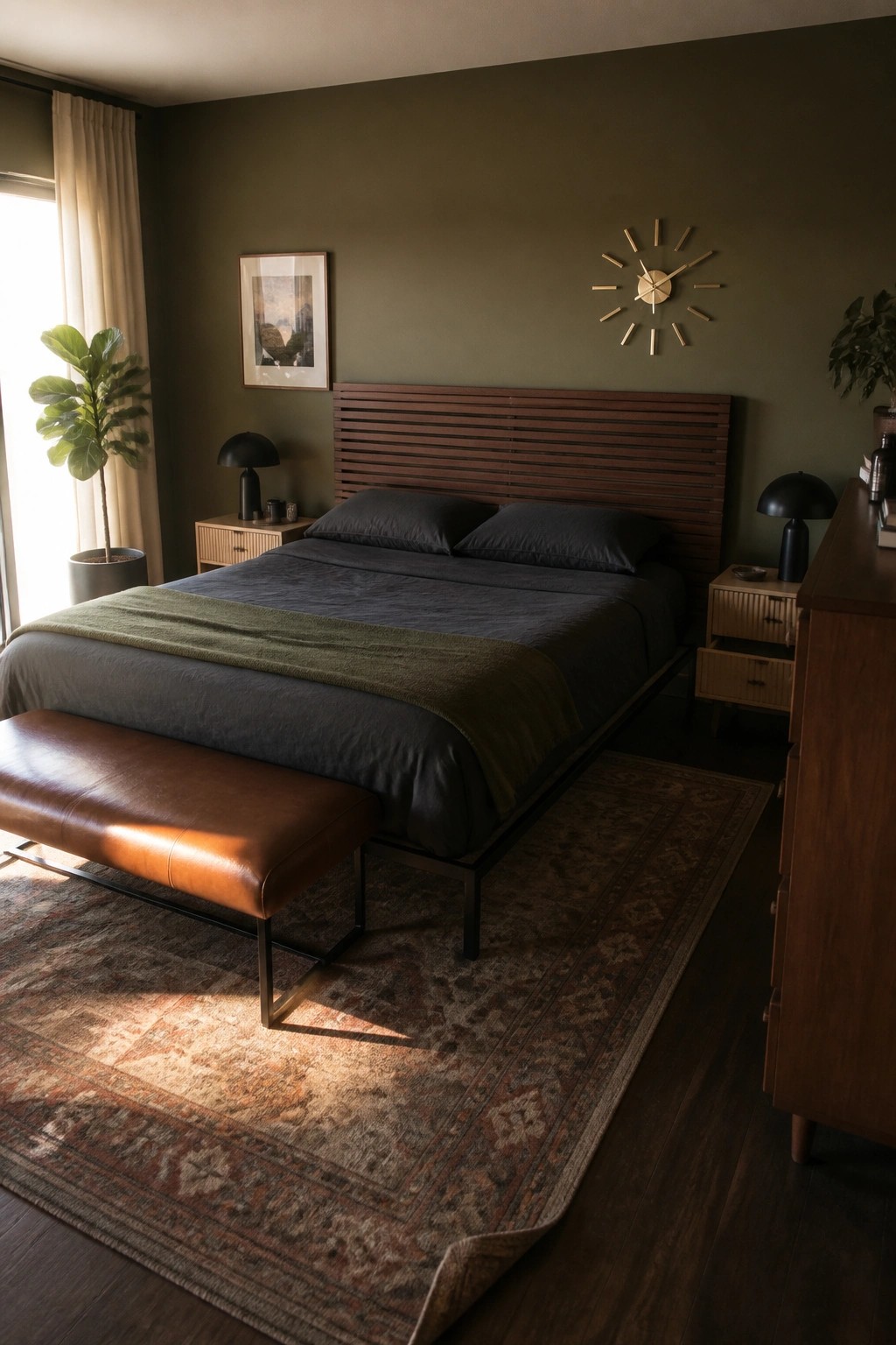 A bedroom with deep green walls, a dark wood slatted headboard, black bedding, a brown leather bench, and a patterned rug on dark flooring.