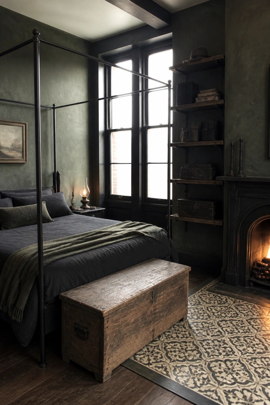 Dark green bedroom with four-poster bed, wooden chest, fireplace, and patterned rug.