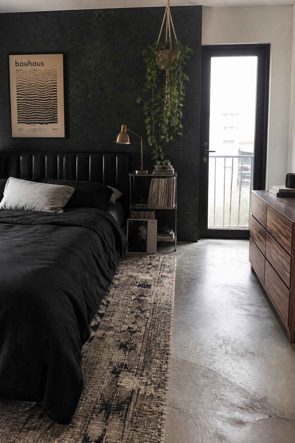 A bedroom featuring a dark green textured wall behind a black bed, with a metal record storage cart and a hanging plant beside a glass door.