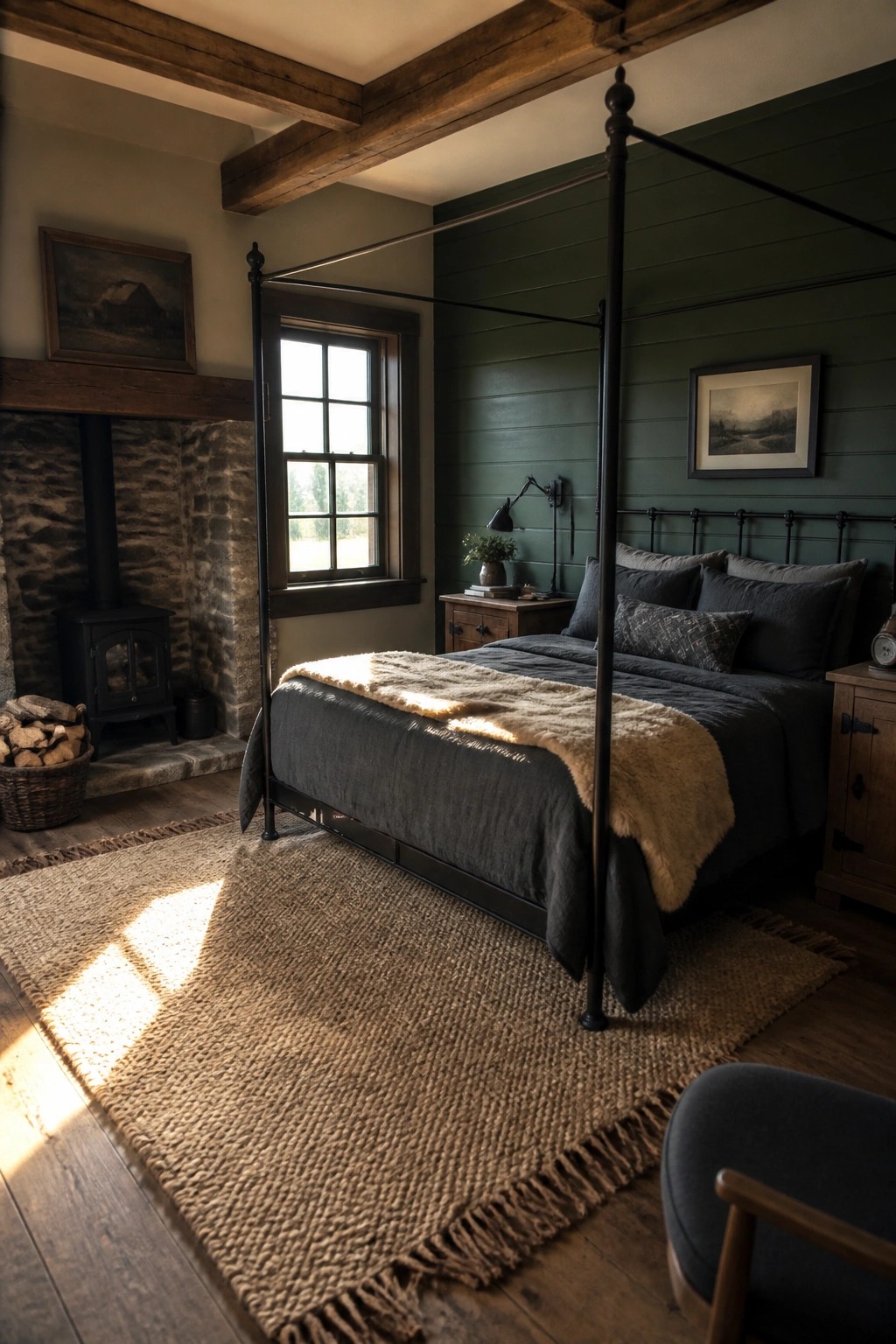 A bedroom with dark green walls, a black four-poster bed with gray bedding and a fur throw, a stone fireplace, and a large woven rug on wood floors.