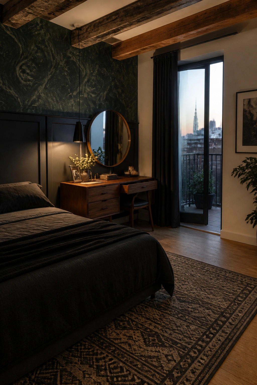 Dark bedroom with wooden vanity, round mirror, open balcony to city skyline.