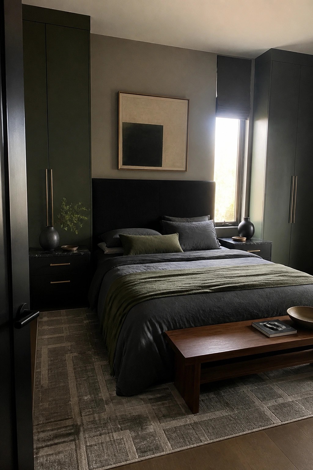 A bedroom with dark green walls and cabinetry, a large bed with dark bedding, black nightstands, and a window with a blind.