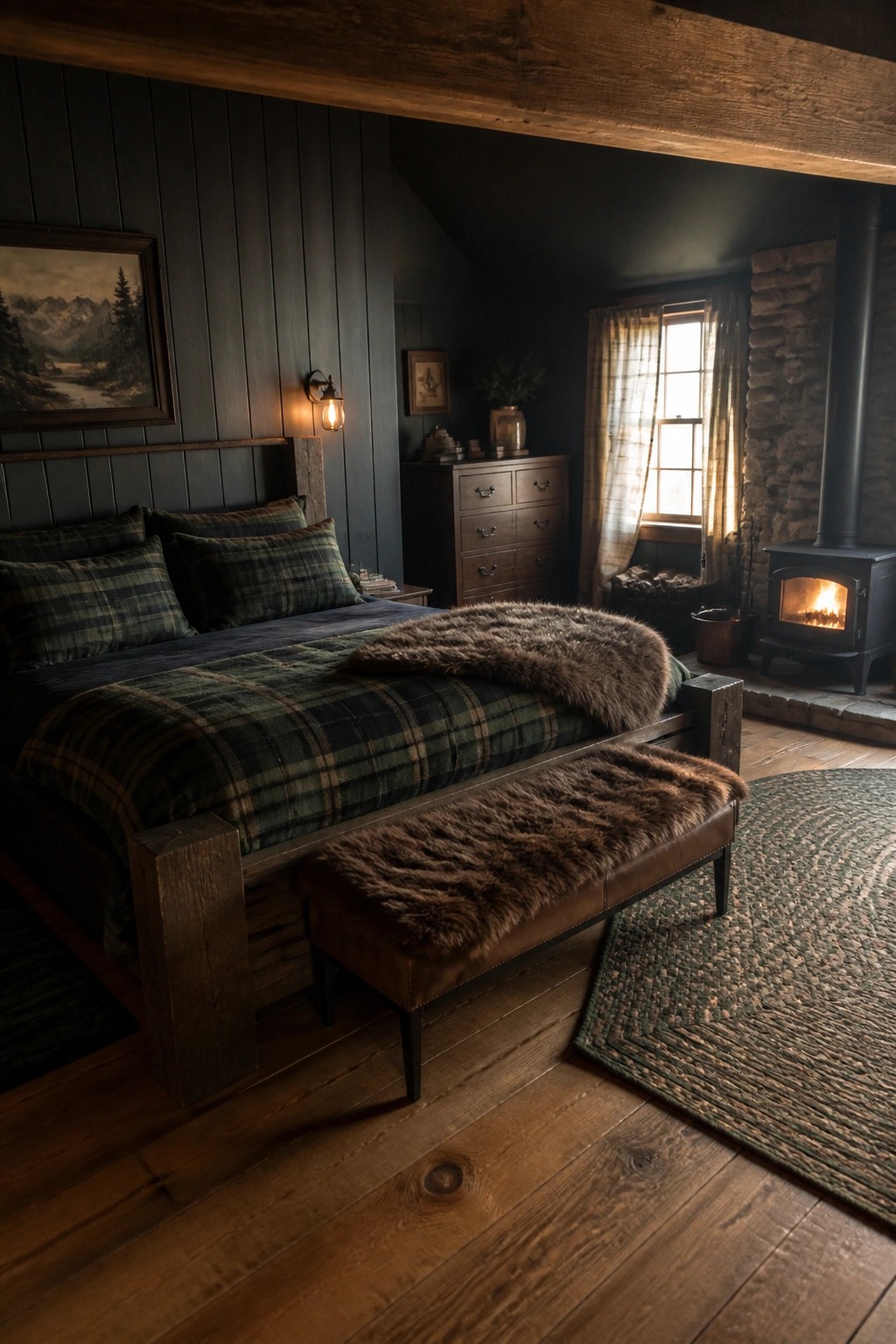 A dark bedroom with deep green plaid bedding, black walls, a wooden bed frame, a fur throw on a bench, and a lit wood stove near a window.