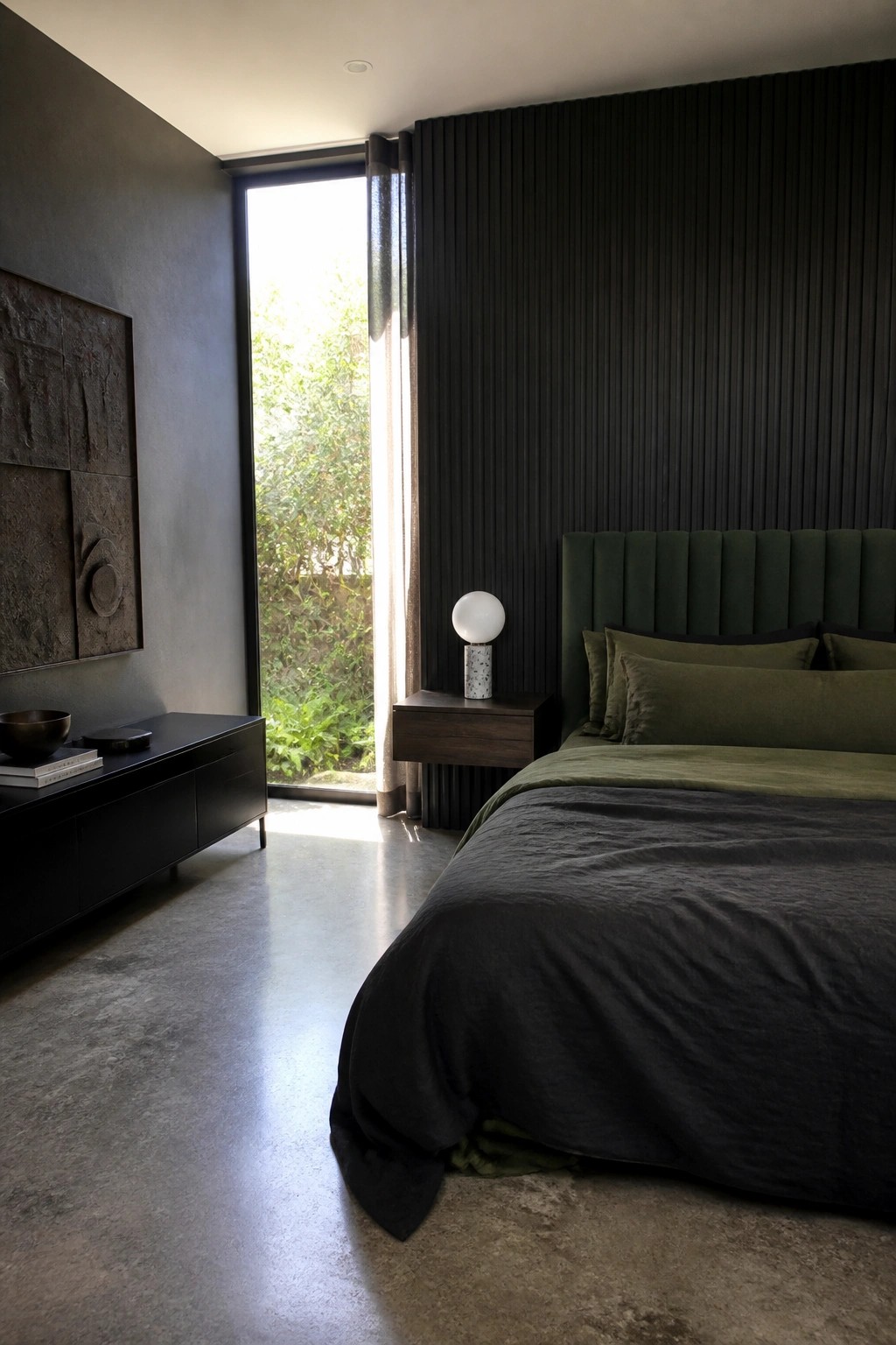A bedroom featuring a dark green upholstered bed against a black vertically slatted wall, with a large window and concrete flooring.