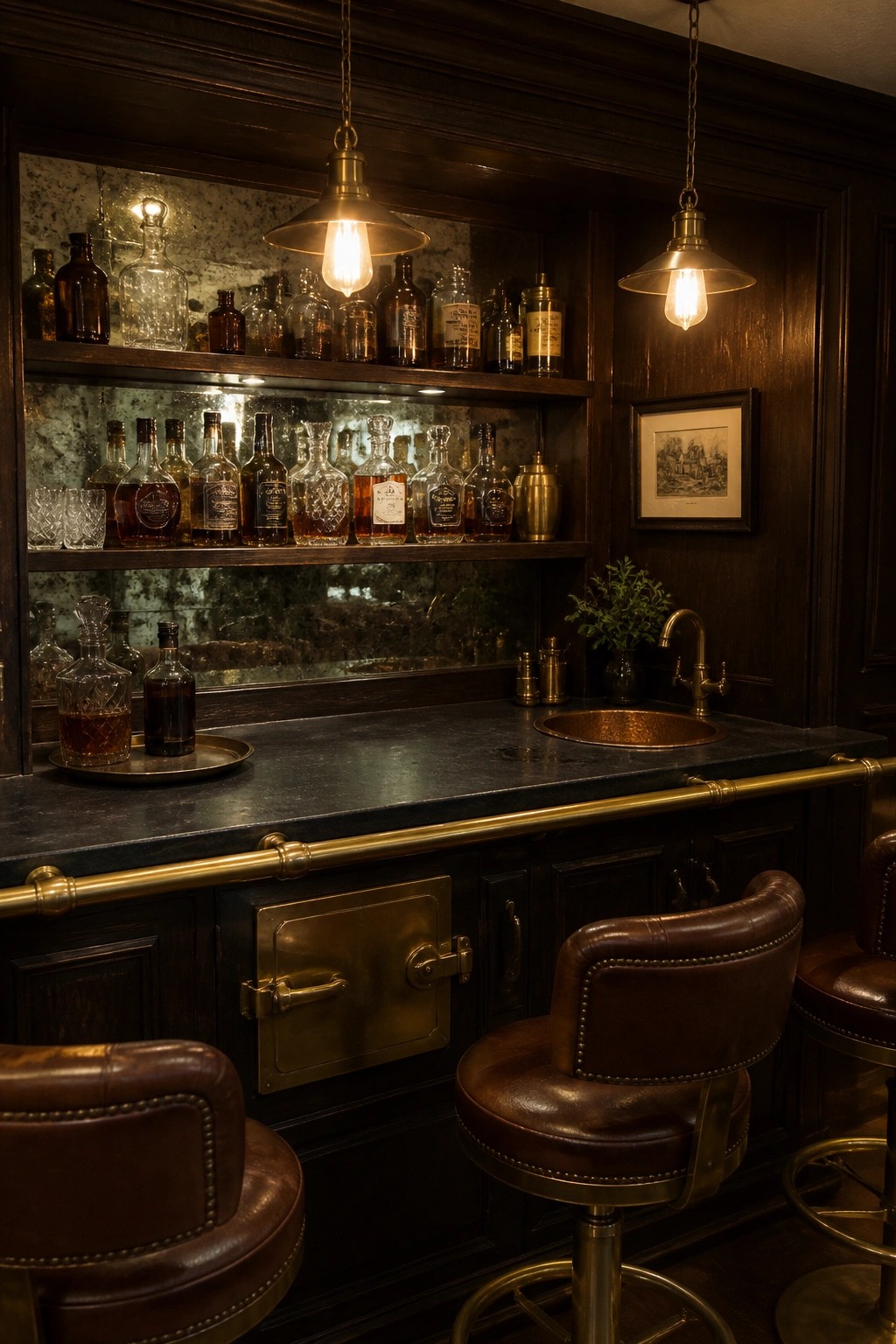 A dark wood home bar with a long brass foot rail, brown leather stools, open shelves of liquor bottles, and a copper sink.