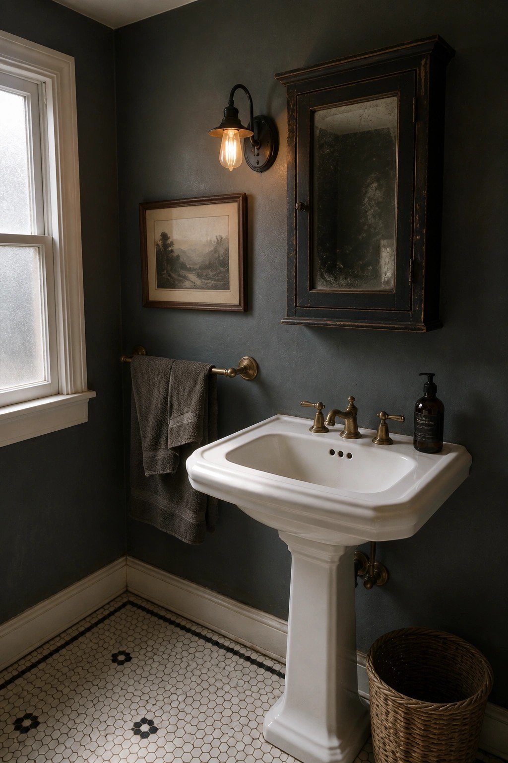 A white pedestal sink with aged brass faucets and a wall sconce sits beneath a dark wooden medicine cabinet in a bathroom with deep gray walls and hexagonal tile flooring.