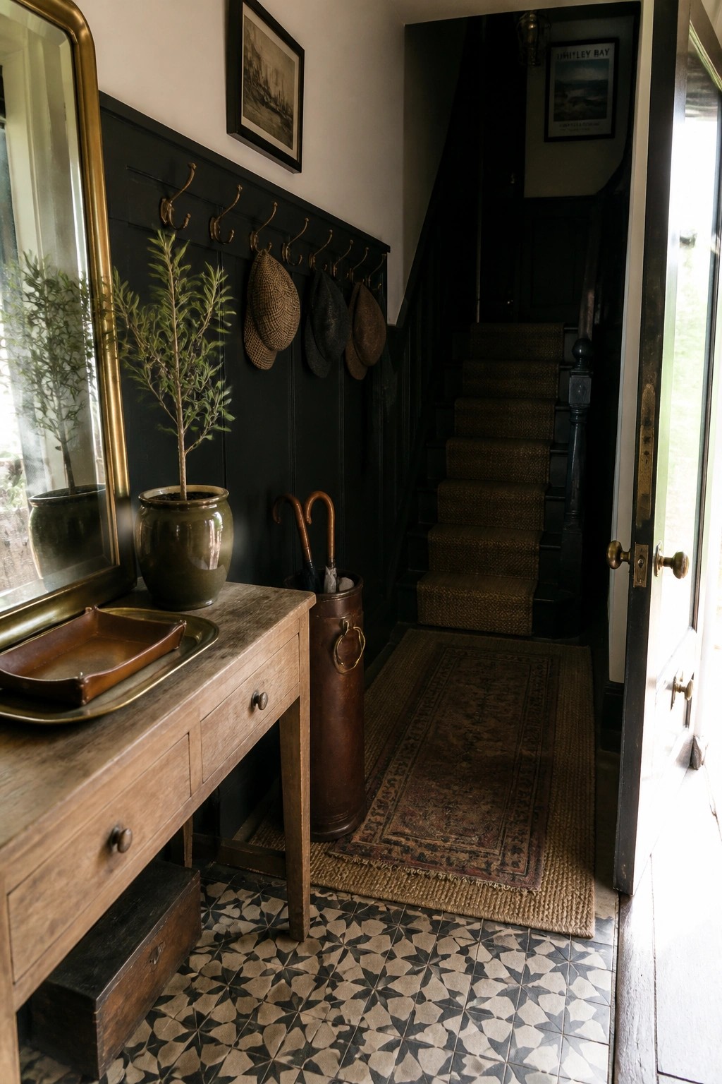 Dark entryway with wooden table, mirror, hat hooks, umbrella stand, and staircase