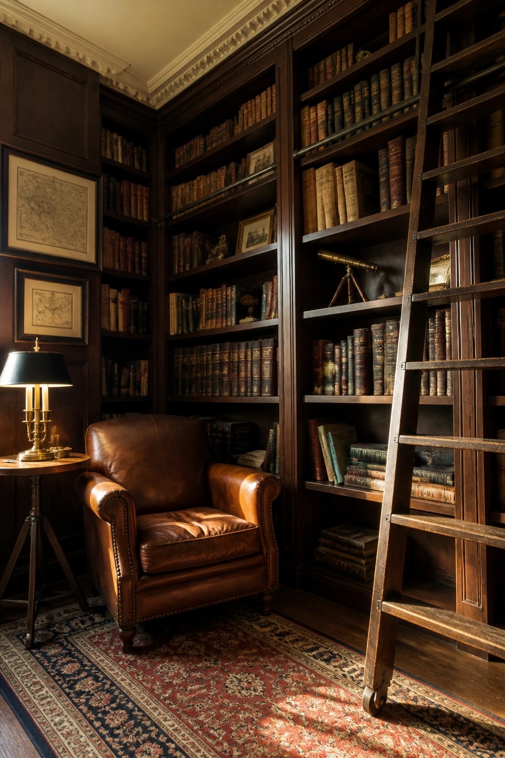 Interior view of a dark wood library with floor-to-ceiling bookshelves, a brown leather armchair, a brass lamp, framed maps on the wall, and a wooden rolling ladder.