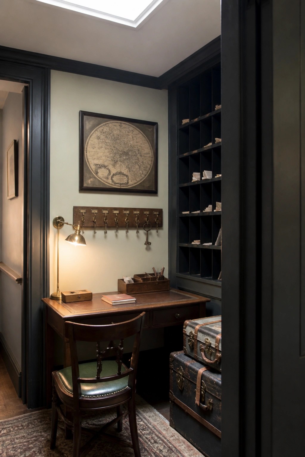 A small home office with a wooden desk, green leather chair, dark built-in cubby shelves, wall key rack, and framed map on a light green wall.