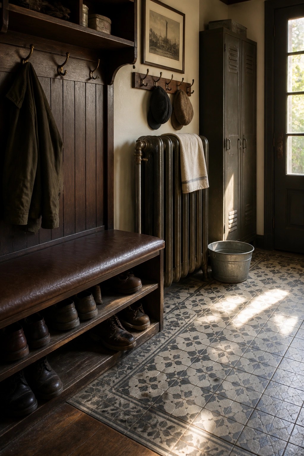 A dark wood entry bench with brown leather cushion and open lower shelves holding several pairs of boots, wall hooks above holding a jacket and two caps, and a metal radiator to the right.