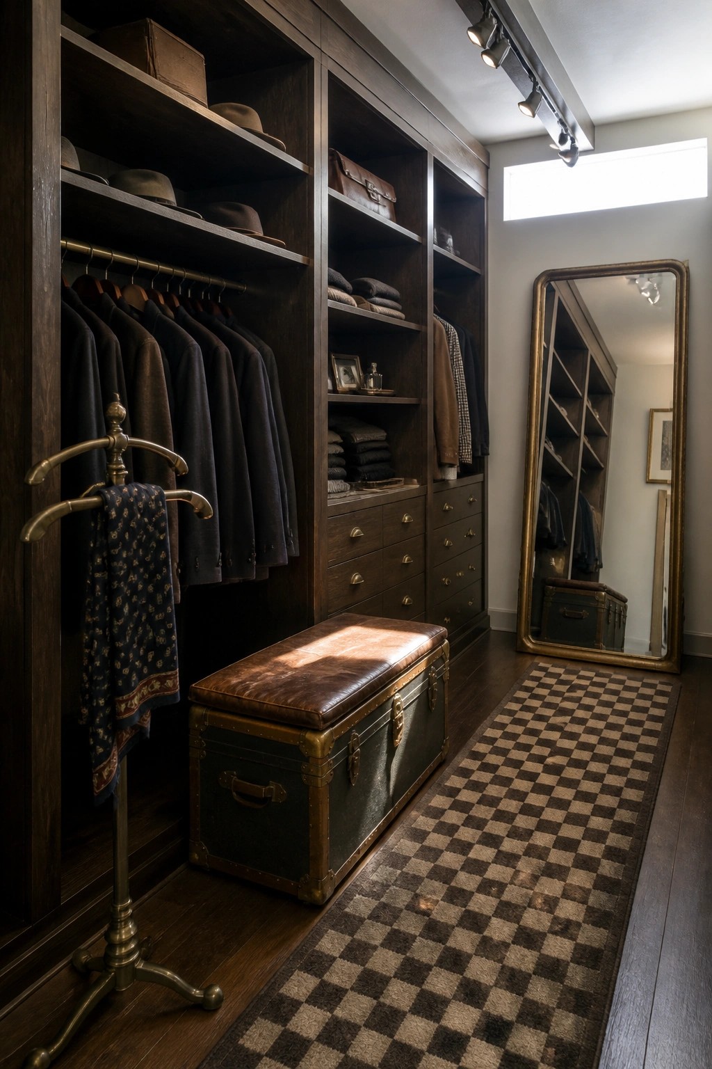 Dark wood closet with suits, shelves, leather trunk bench, checkered rug, and gold mirror