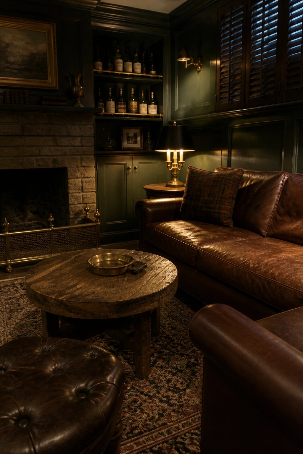 A dimly lit room shows a brown leather sofa next to a brass lamp on a side table, with built-in shelves holding bottles and a round wooden coffee table in front.