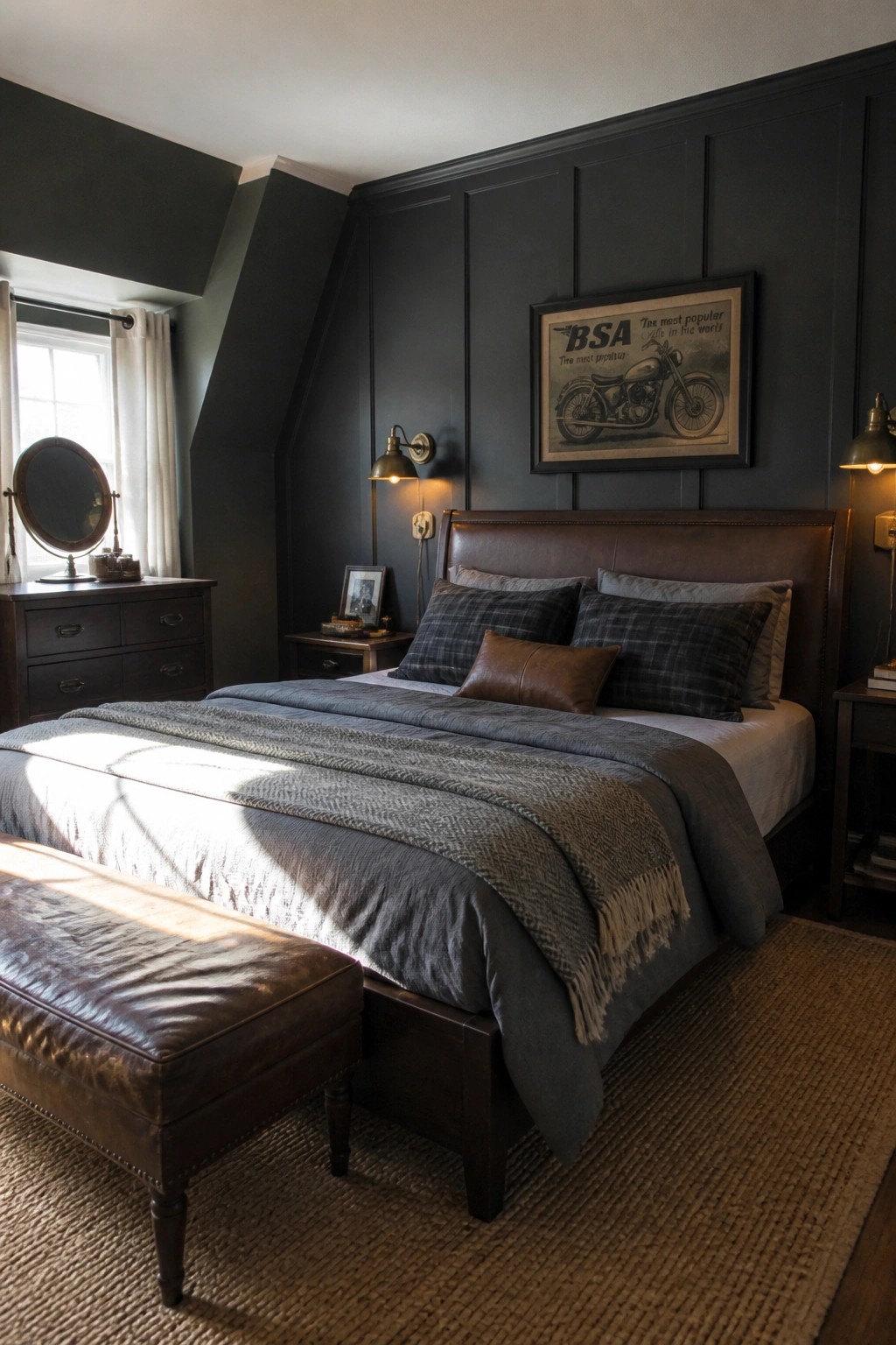 Dark bedroom with leather bed, gray bedding, plaid pillows, motorcycle art, and leather bench