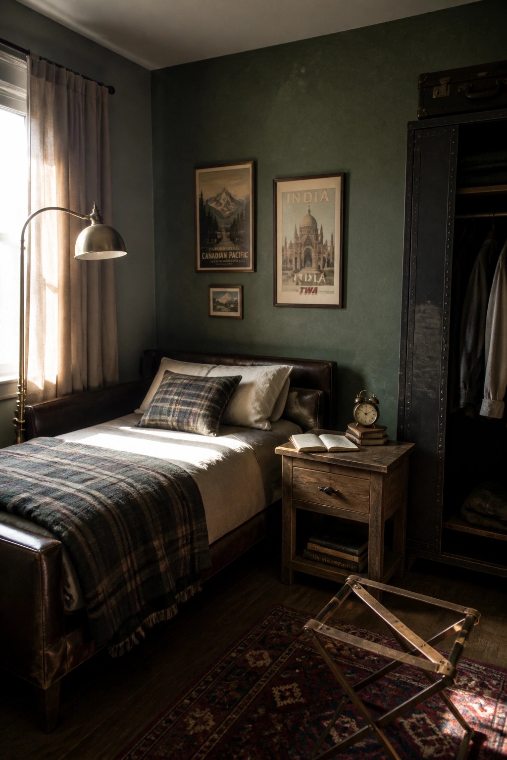 A bedroom interior featuring a brown leather bed with plaid bedding, a brass floor lamp, a wooden nightstand with books, vintage travel posters on dark green walls, and an open wardrobe.
