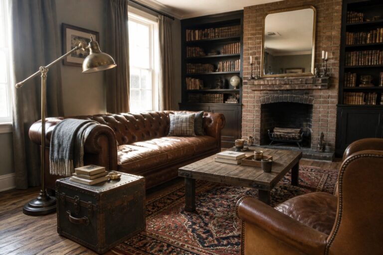 A living room featuring a brown leather Chesterfield sofa, brass floor lamp, vintage trunk, wooden coffee table, built-in bookshelves filled with books, and a brick fireplace with an arched mirror.