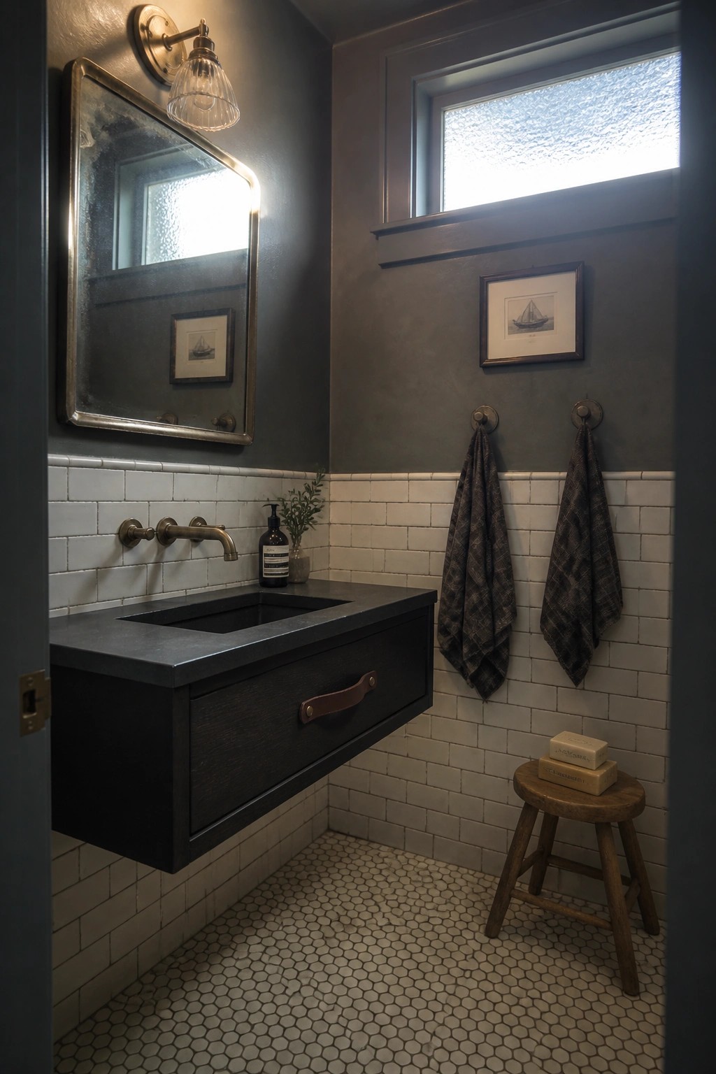 A bathroom with a floating dark wood vanity, leather drawer handle, brass faucet, and a large framed mirror on a dark wall.