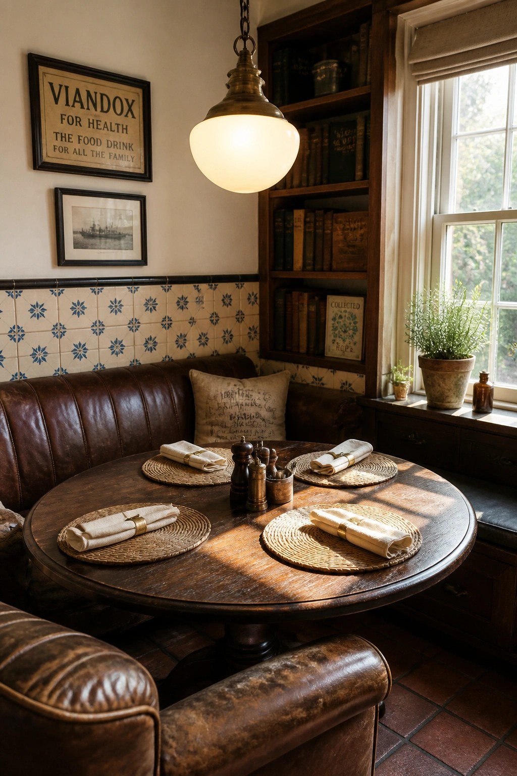 Cozy round wooden table set in leather booth with hanging lamp and bookshelves