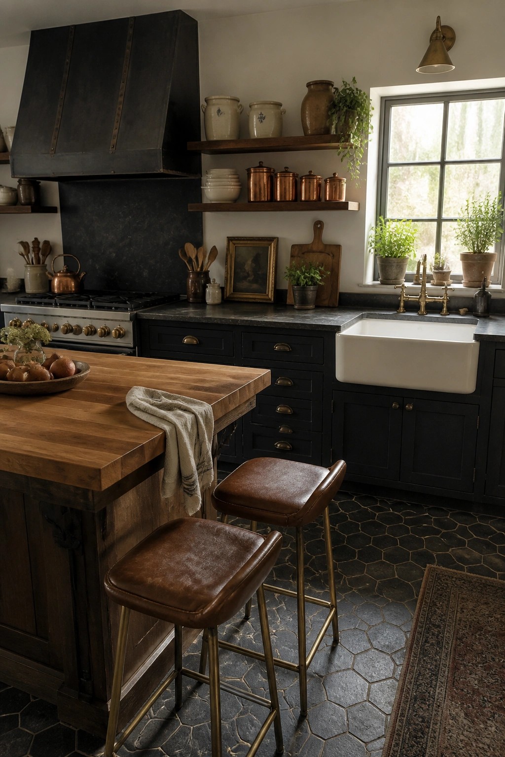 A kitchen with a wooden island, two brown leather bar stools with brass legs, dark cabinets, a white farmhouse sink, and open wooden shelves above the counter.