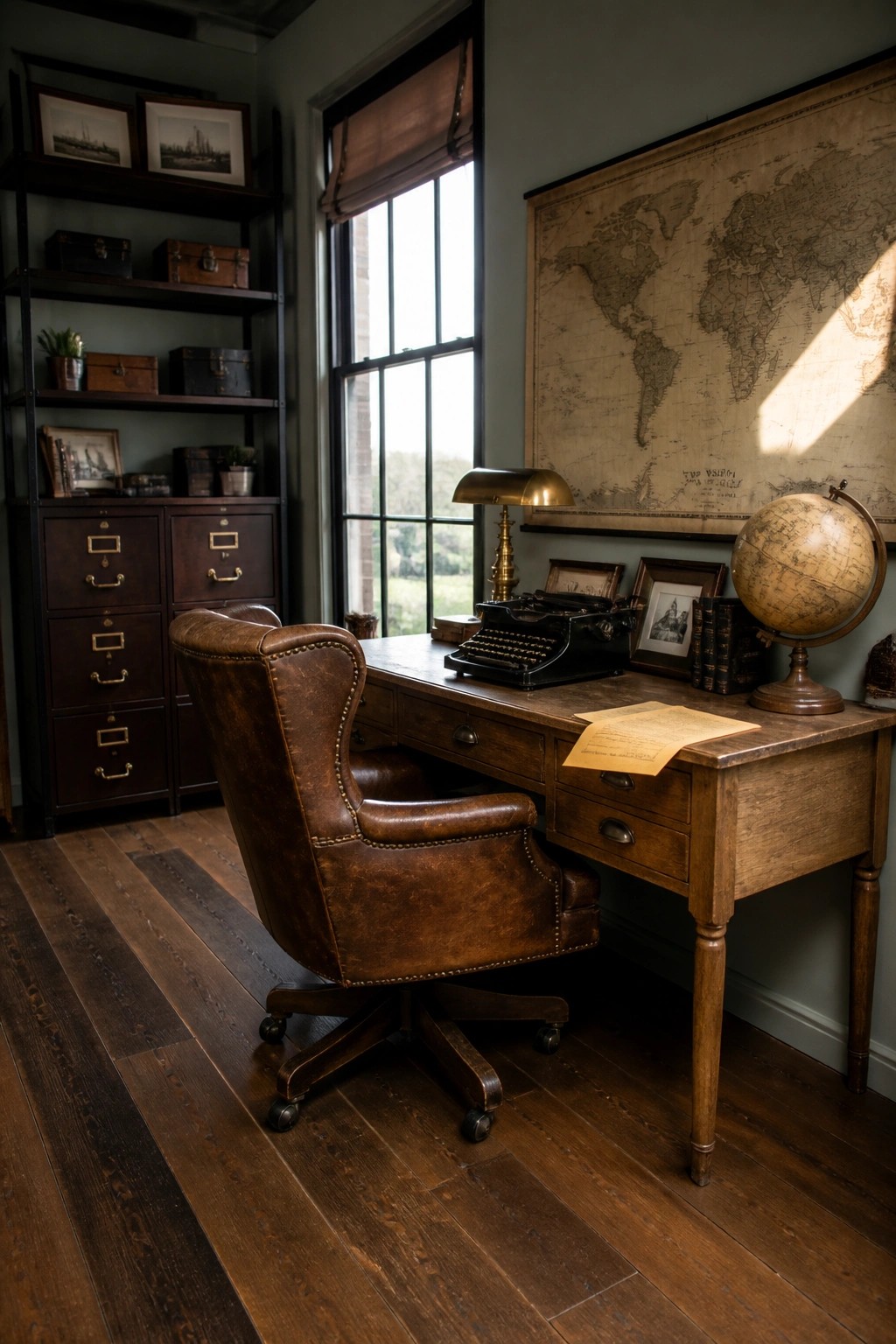 A vintage-style home office featuring a brown leather swivel chair pulled up to a wooden desk with a typewriter, globe, and large world map on the wall.