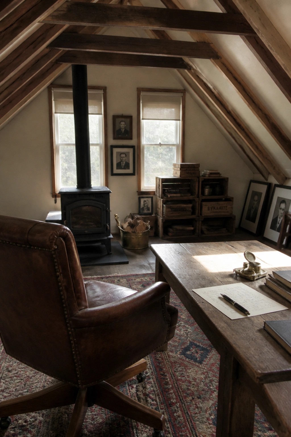 A brown leather office chair faces a wooden desk in an attic room with a wood stove and stacked wooden crates.