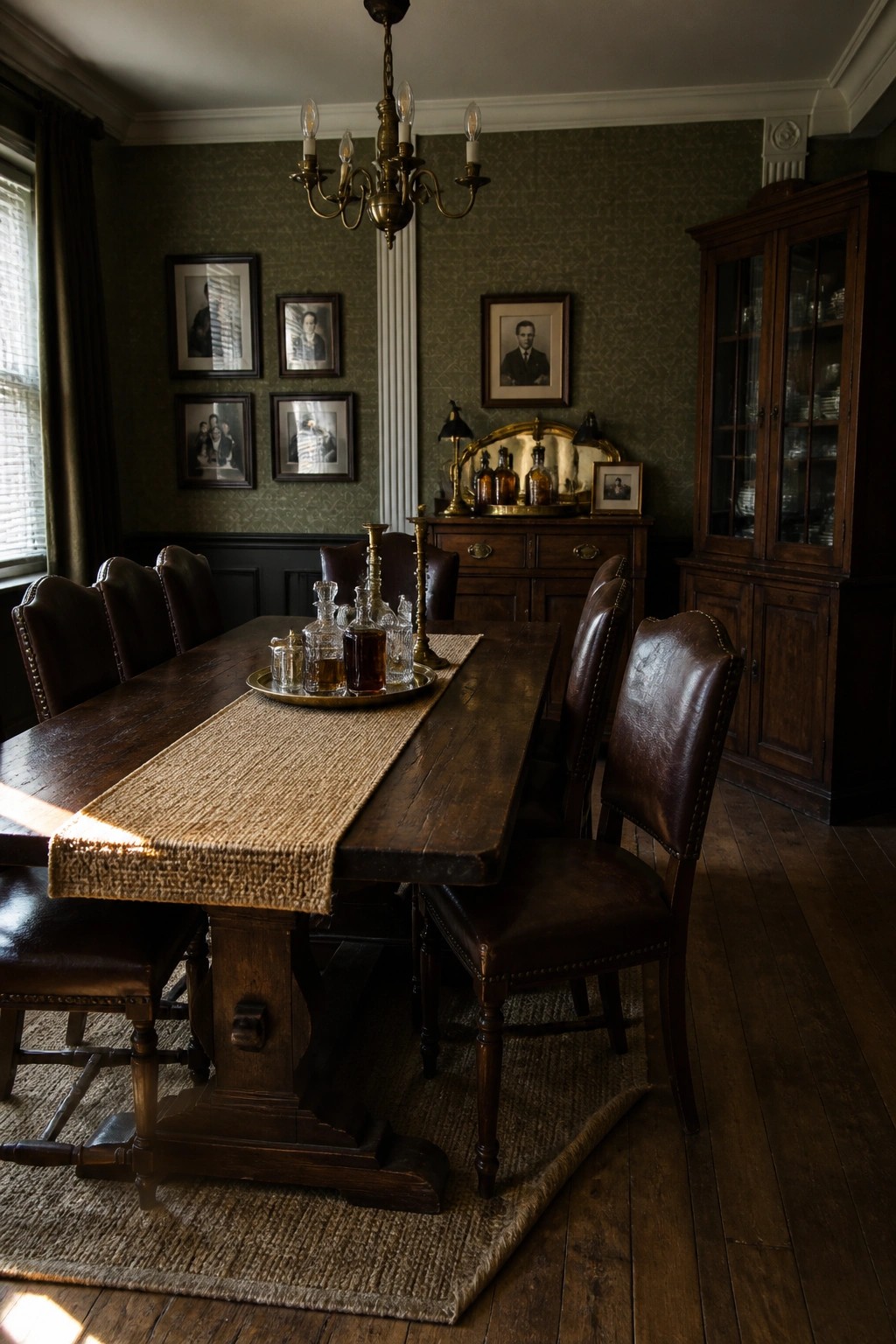 A dining room featuring a long dark wood table with brown leather chairs, a brass chandelier, and framed photos on green wallpaper.