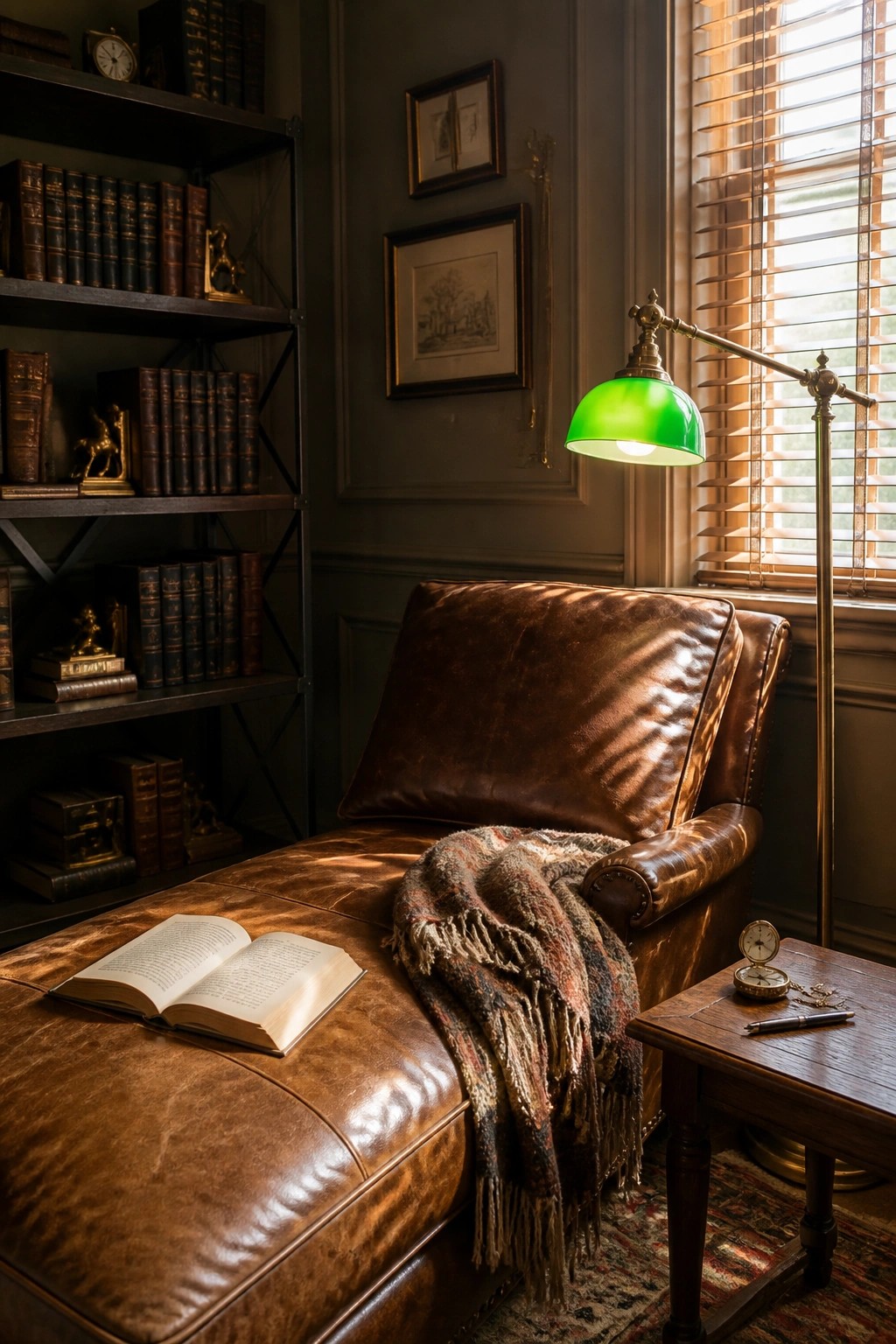 A brown leather chaise lounge with an open book and patterned throw blanket sits in a room with dark bookshelves, a green shaded floor lamp, and a wooden side table.