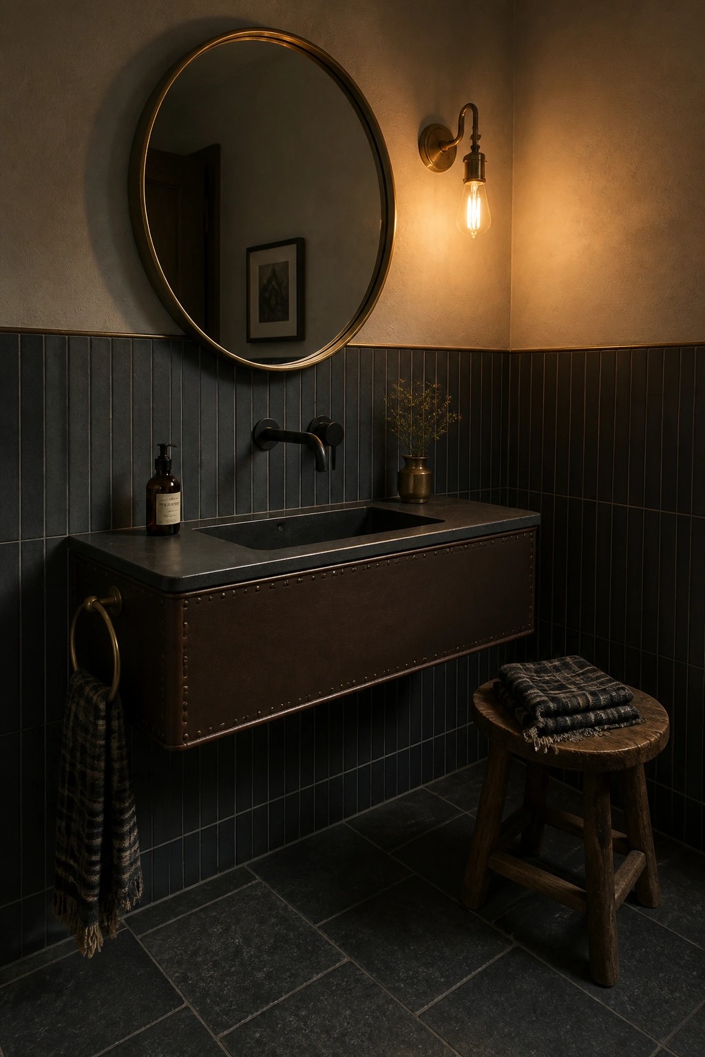 A floating bathroom vanity with a dark leather front and rivets, black stone top, round brass mirror above, and wall sconce to the right.