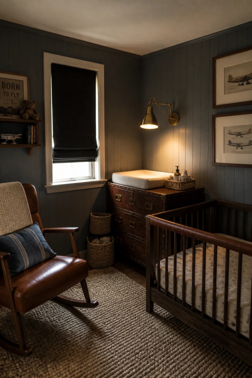 A nursery with a brown leather rocking chair on a woven rug, a dark wood crib, and a vintage trunk dresser topped with a changing pad beneath a brass wall lamp.