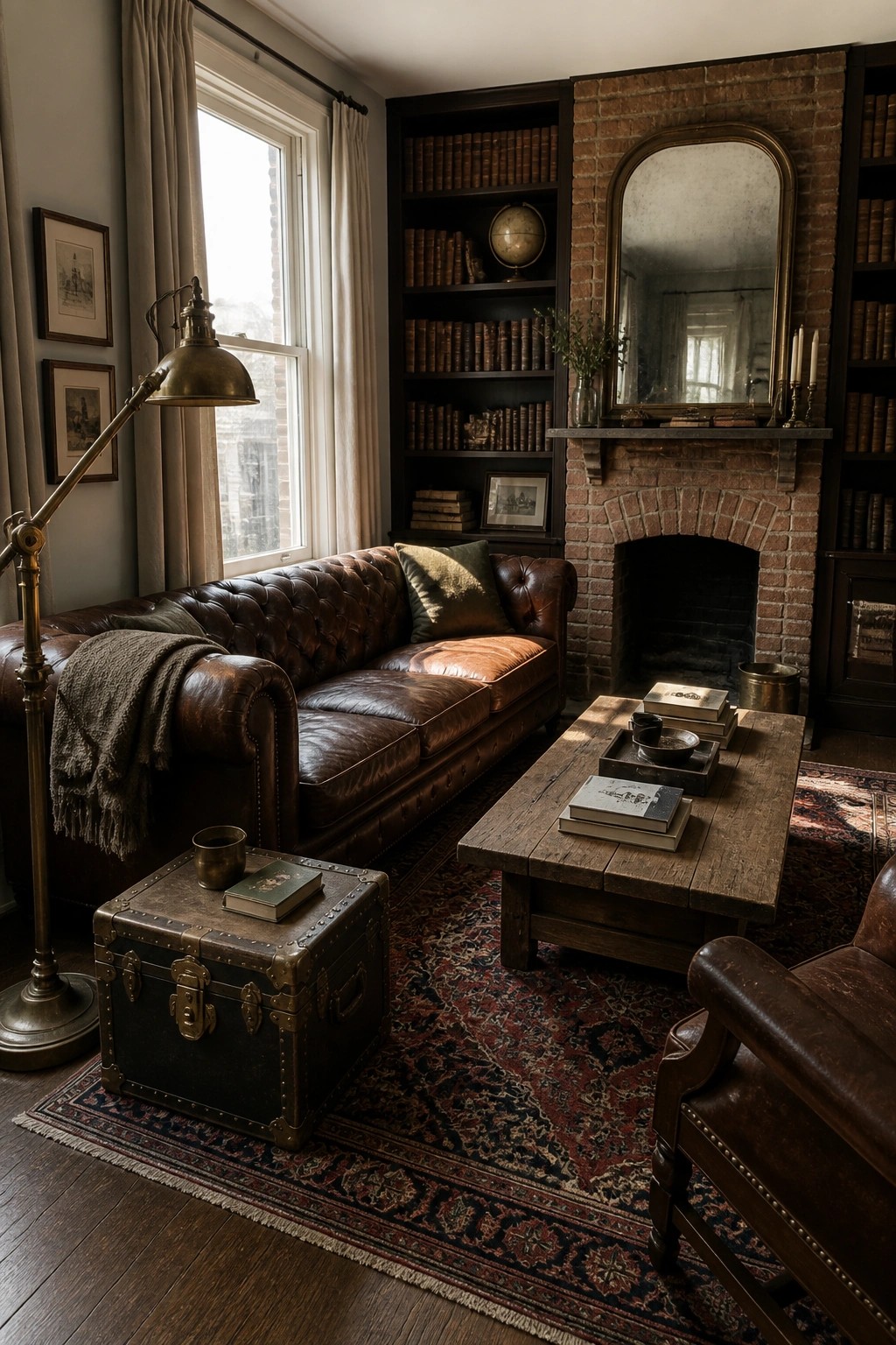 A living room featuring a brown leather Chesterfield sofa, brass floor lamp, vintage trunk, wooden coffee table, built-in bookshelves filled with books, and a brick fireplace with an arched mirror.