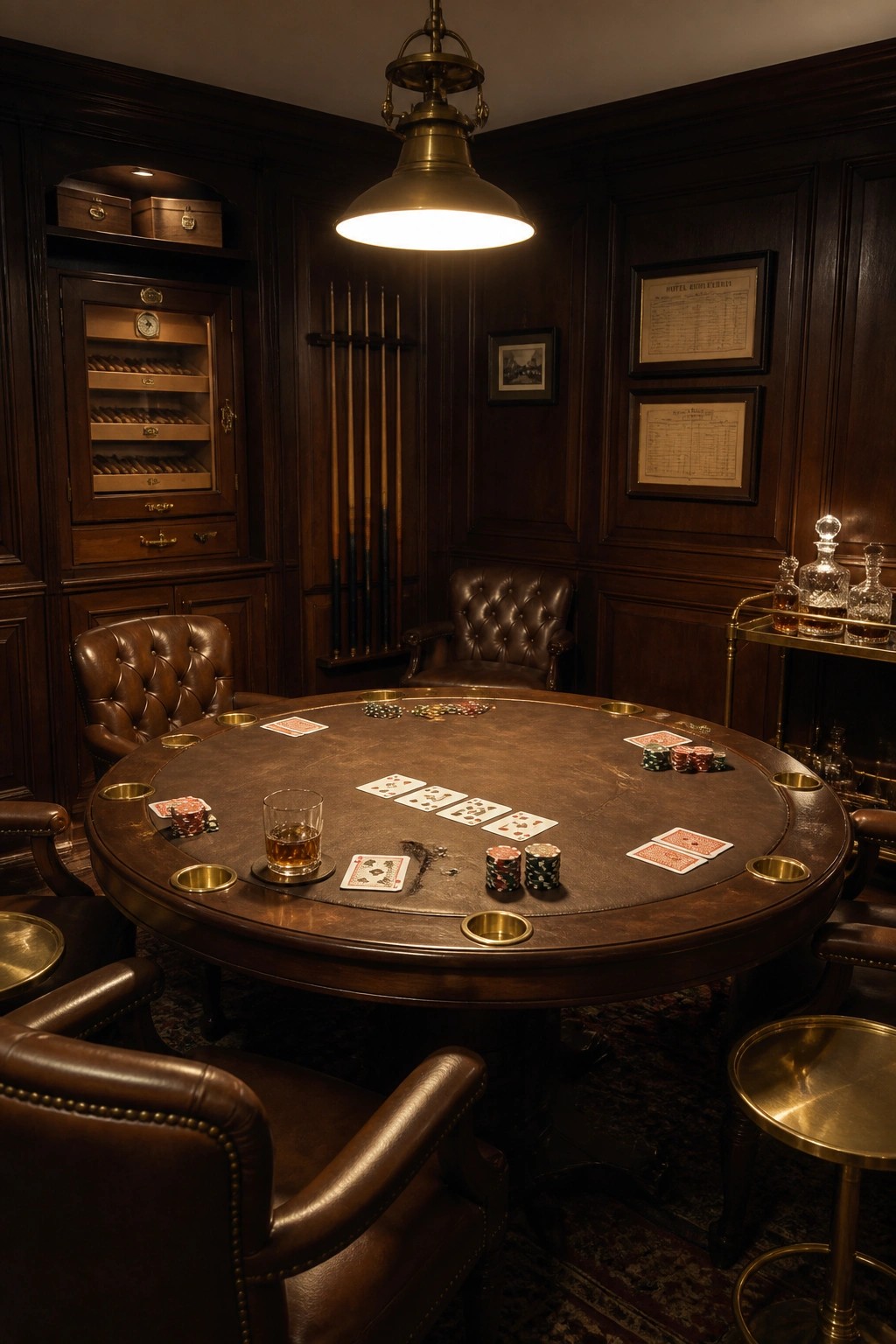 Dimly lit wooden poker table with cards, chips, whiskey glass, and brown leather chairs.