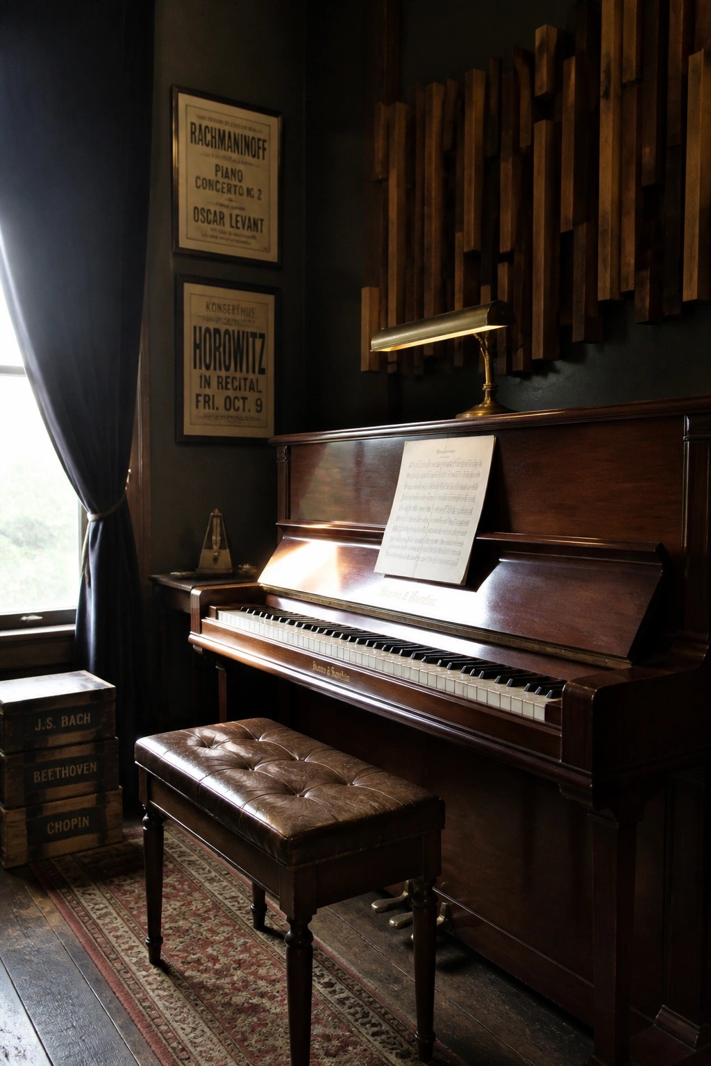 Upright piano with sheet music, leather bench, metronome, composer crates, and vintage posters.