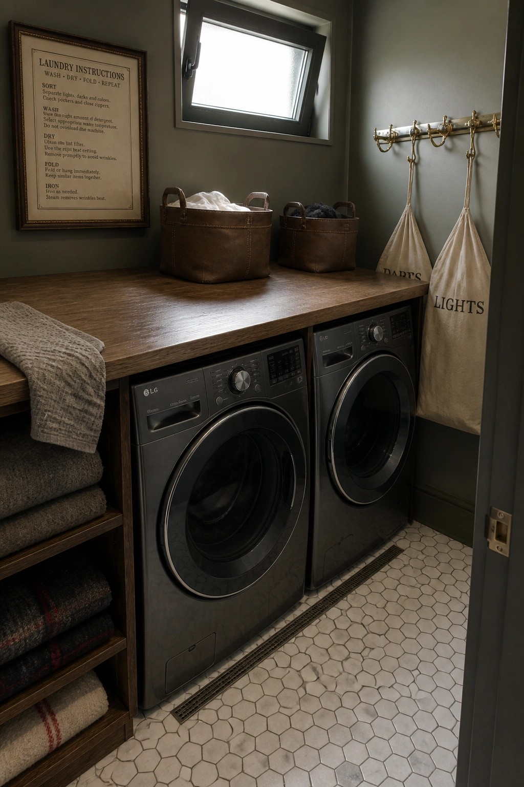 A laundry room featuring two dark gray front-loading washers beneath a wooden countertop, with brown leather baskets on top, a framed laundry instructions sign on the left wall, and brass hooks holding canvas bags on the right.