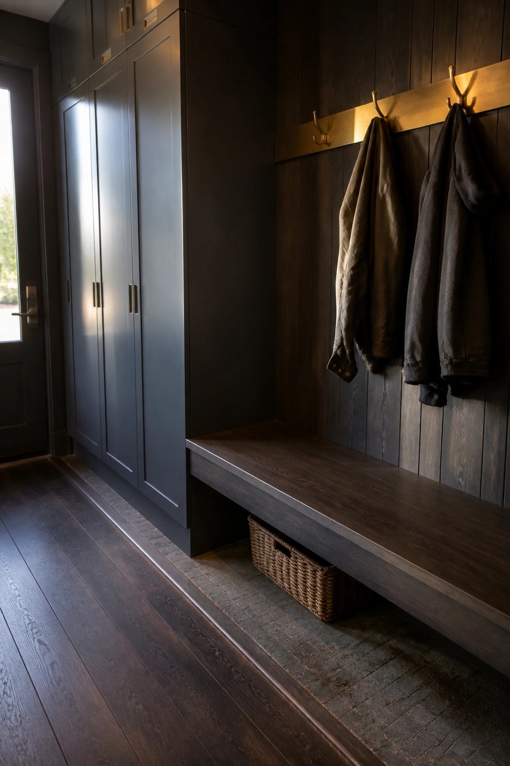 Dark wood mudroom with gold hooks, hanging jackets, bench, and wicker basket.
