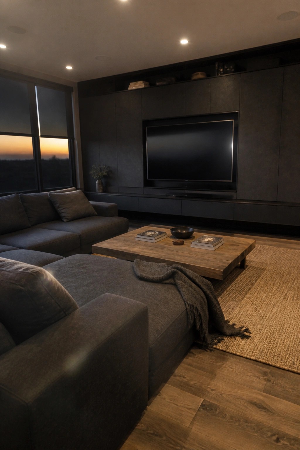 Dark sectional sofa, wooden coffee table on woven rug, large TV on dark wall unit