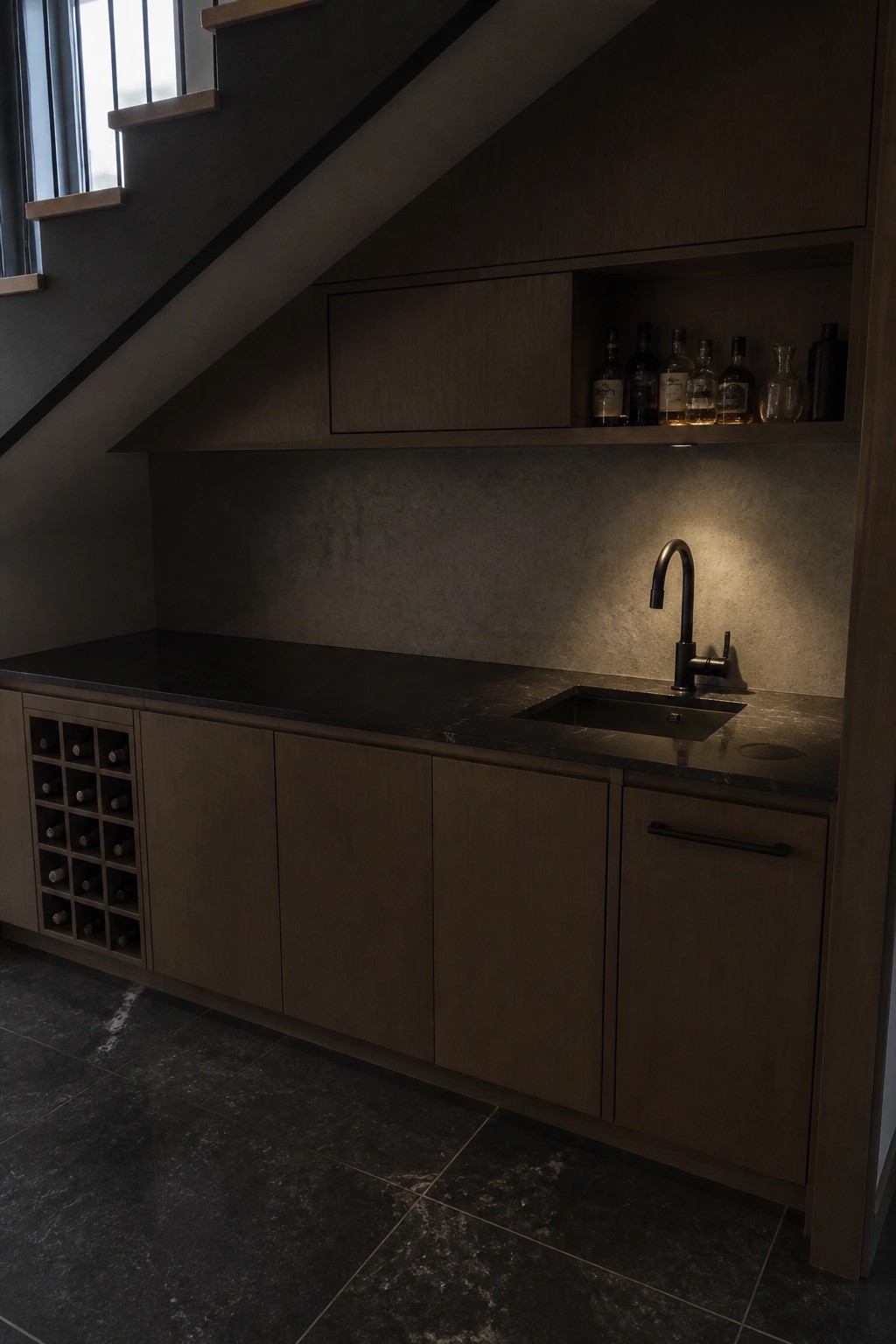 A dark wood built-in cabinet and bar area with closed doors, a wine rack on the left, a sink, and an open shelf holding bottles, set beneath a staircase.