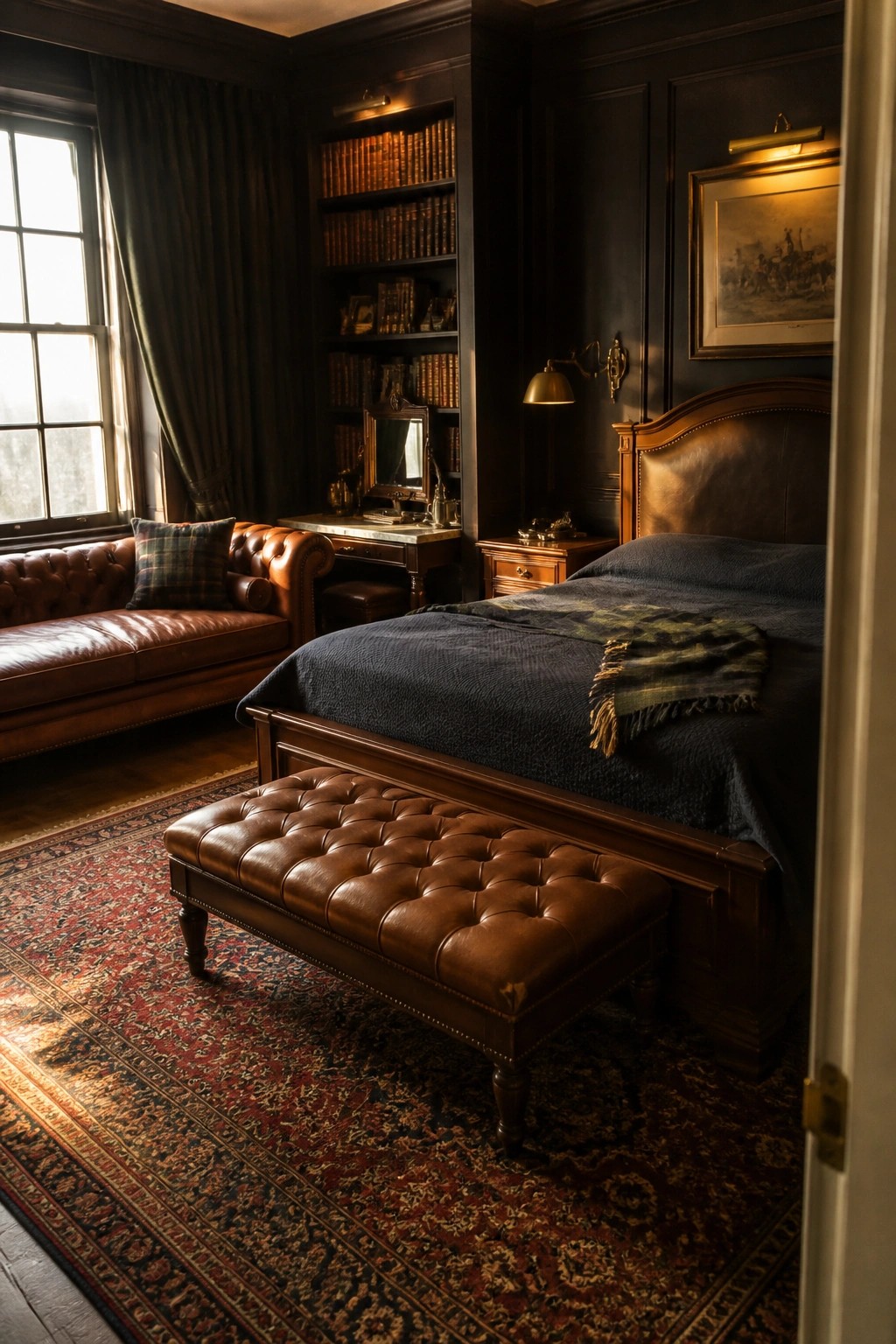 A dark masculine bedroom featuring a large wooden bed with blue bedding, a tufted brown leather bench at the foot, a leather sofa by the window, built-in bookshelves, and dark paneled walls.